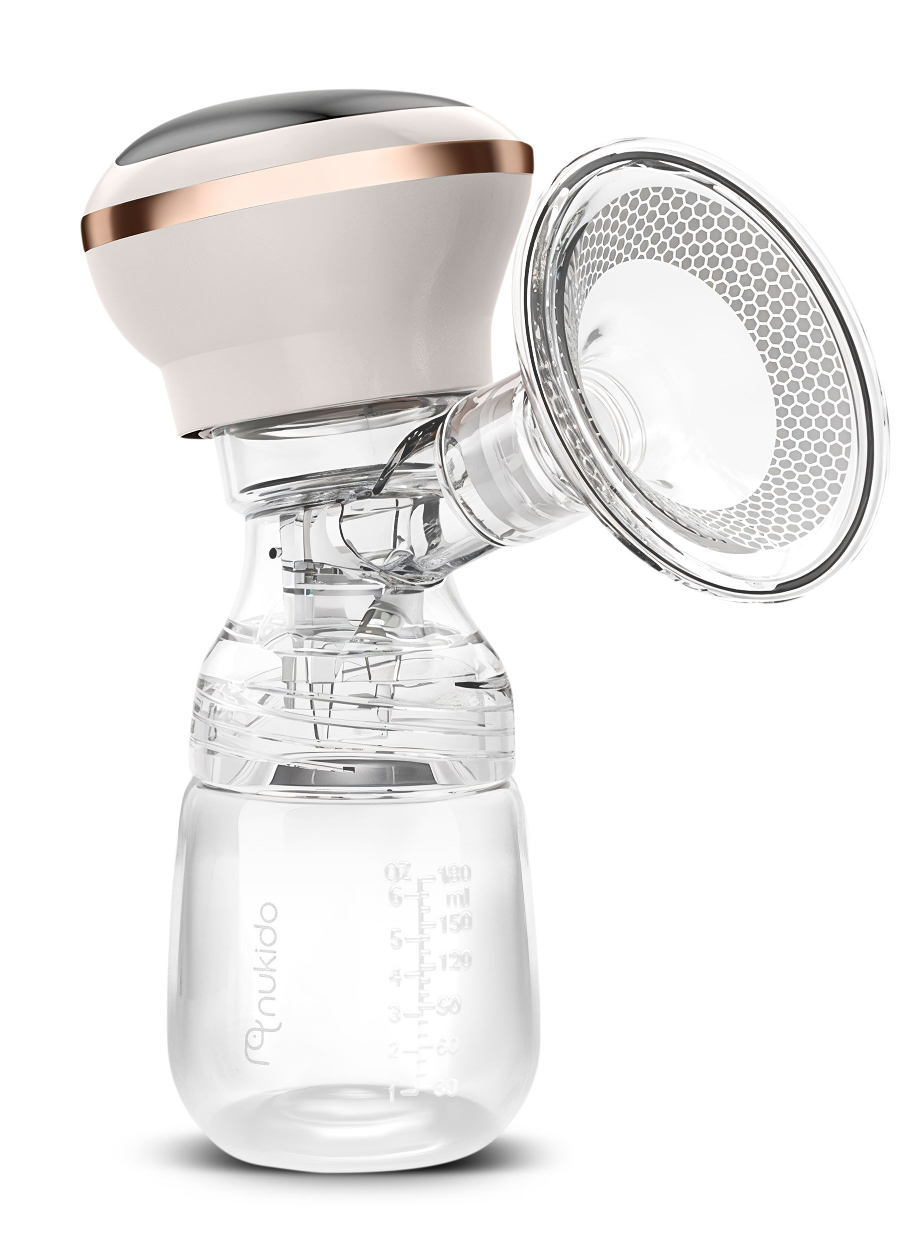 Biało-złoty laktator z przezroczystą butelką. Ma białą górę i przezroczysty lejek.