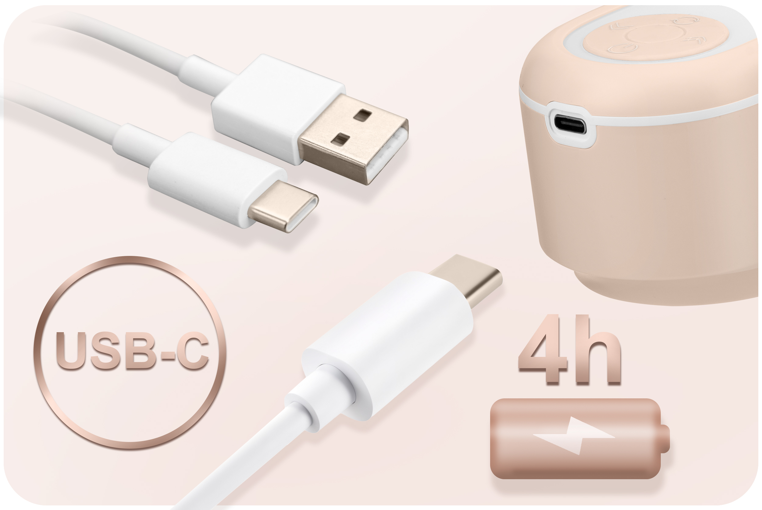 Biały kabel ładujący USB-C i port ładowania laktatora.