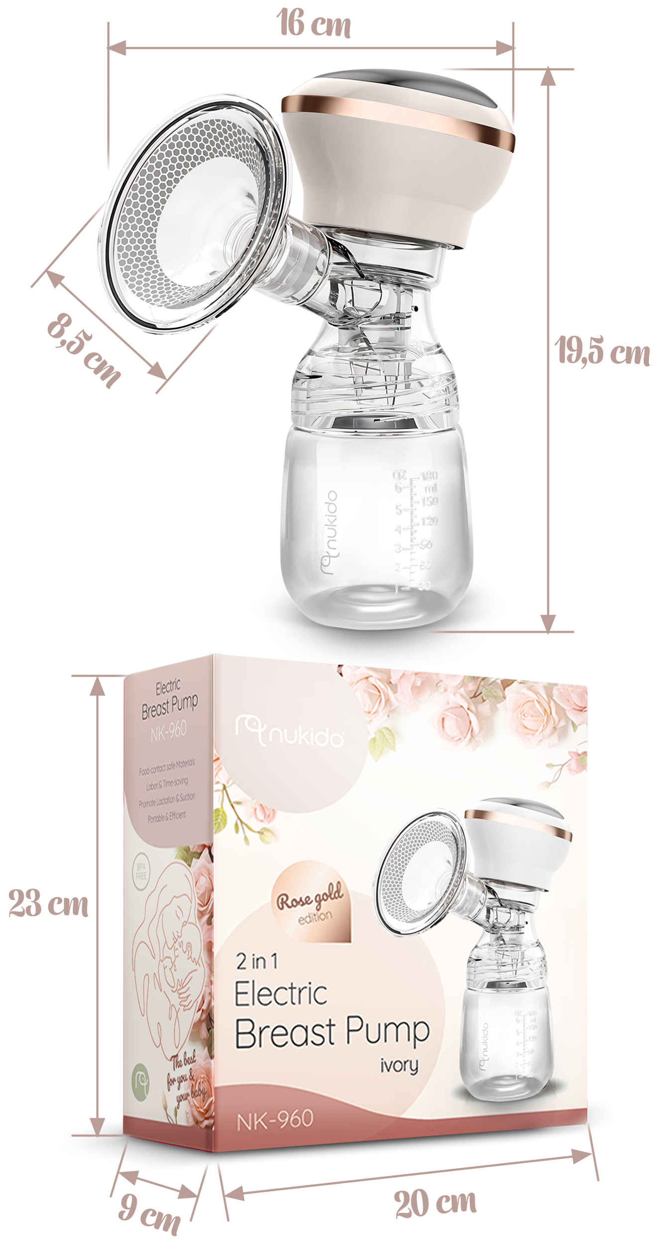 Laktator z wymiarami, pudełkiem i opakowaniem. Pompa jest beżowa i różowo-złota.
