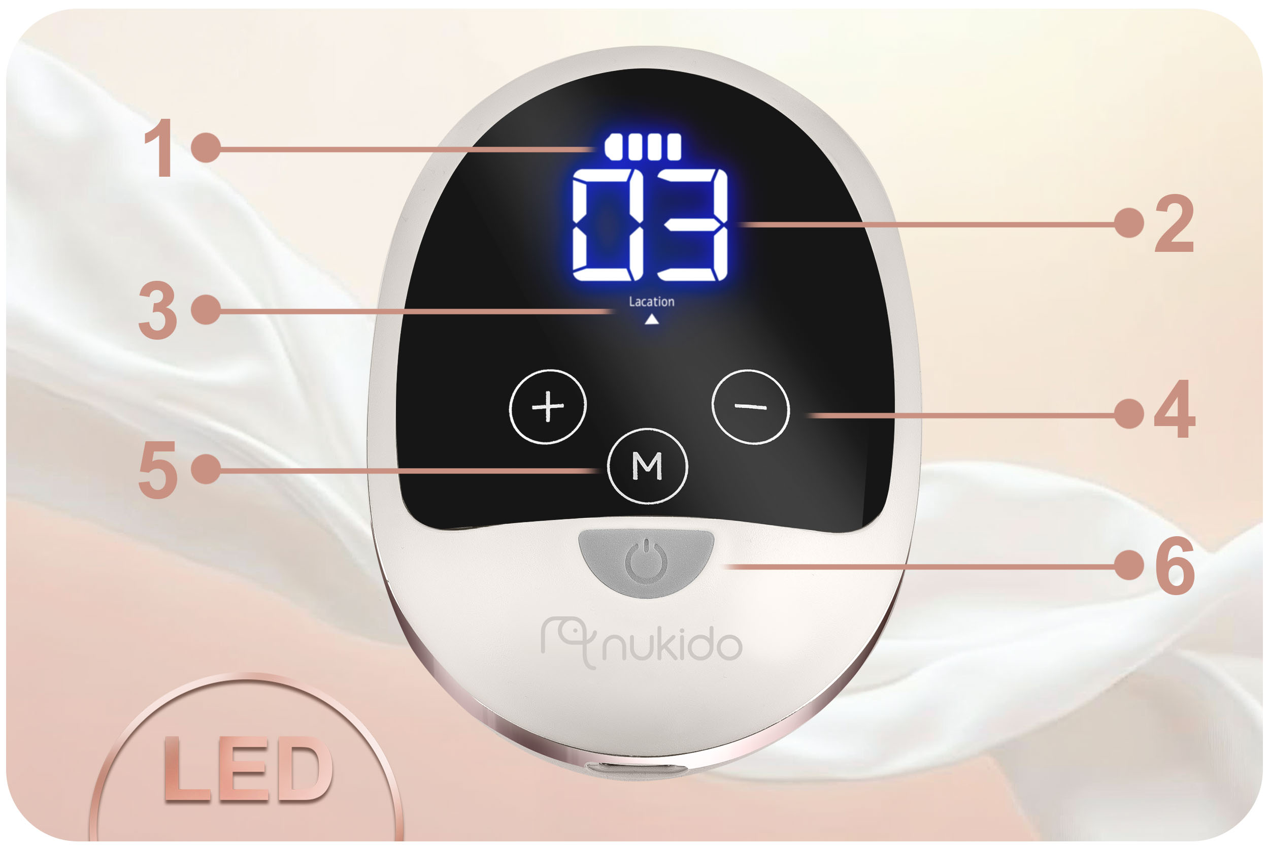 Panel sterowania laktatora z wyświetlaczem, przyciskami i wskaźnikiem zasilania.