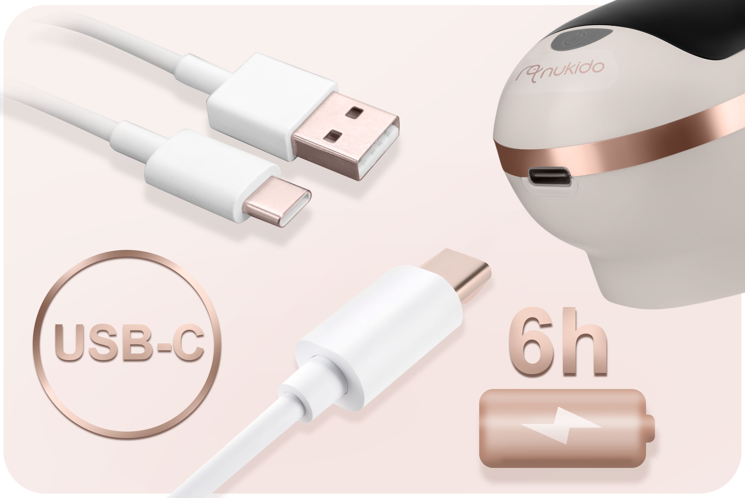 Biały kabel ładujący USB-C i port ładowania laktatora.
