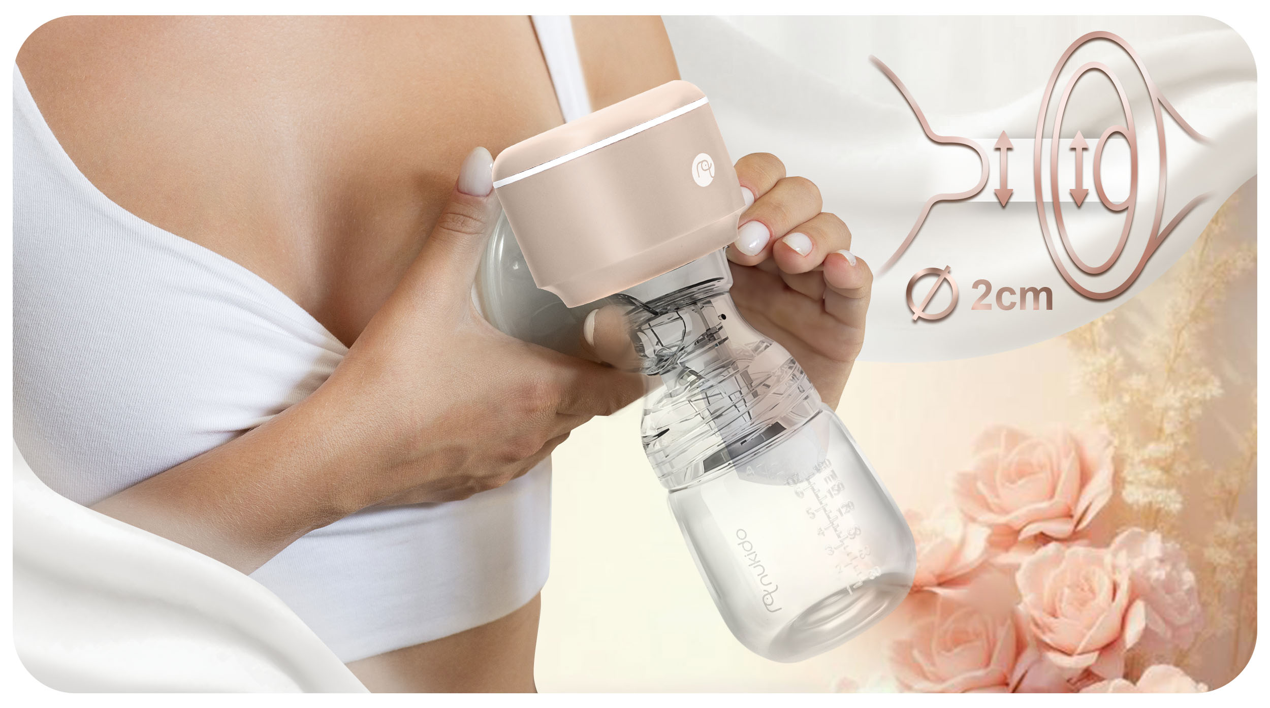 Kobieta używająca beżowej elektrycznej laktatora. Widoczny jest diagram z pomiarami.