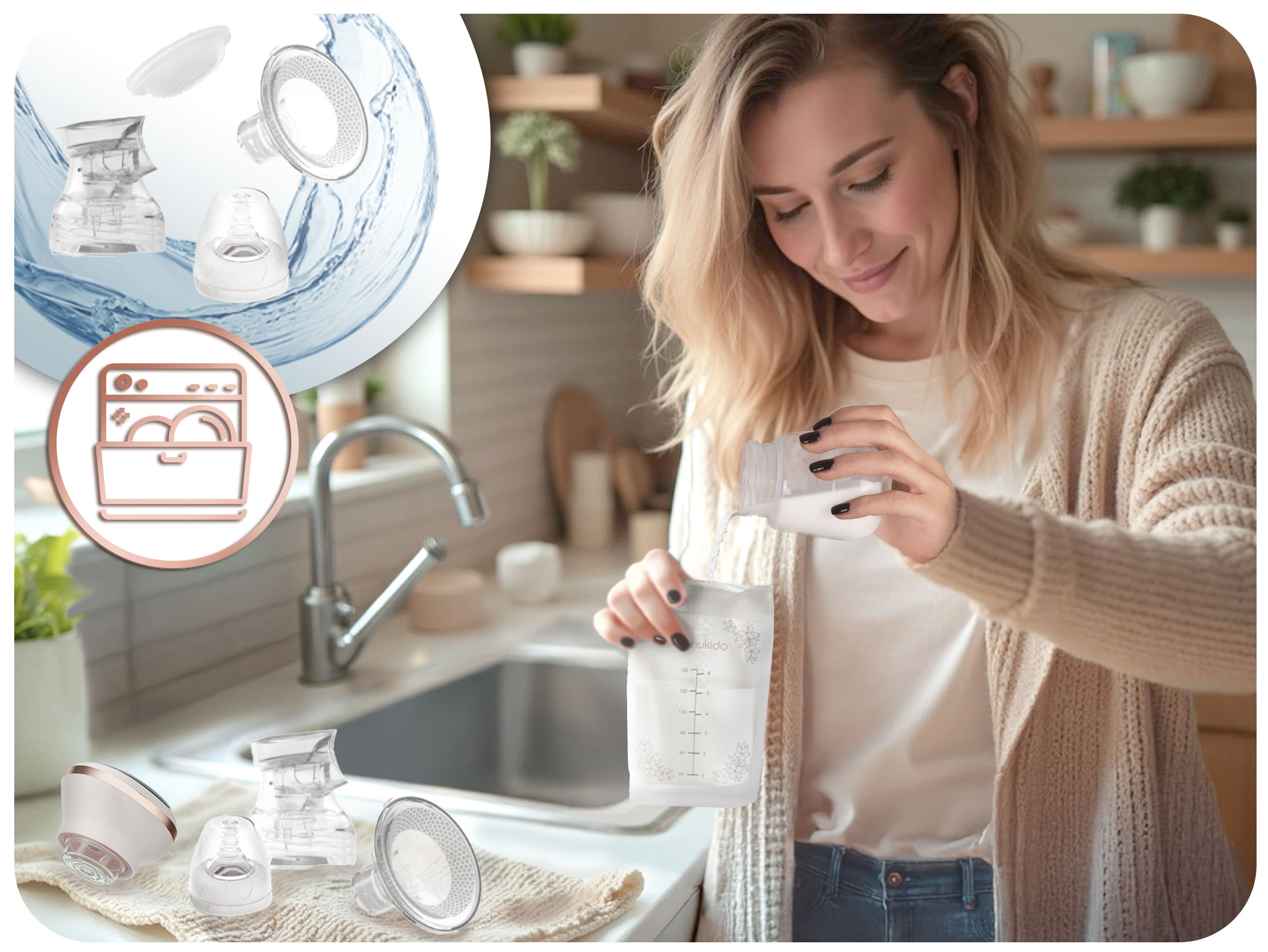 Kobieta wlewa mleko do woreczka z laktatorem w pobliżu.