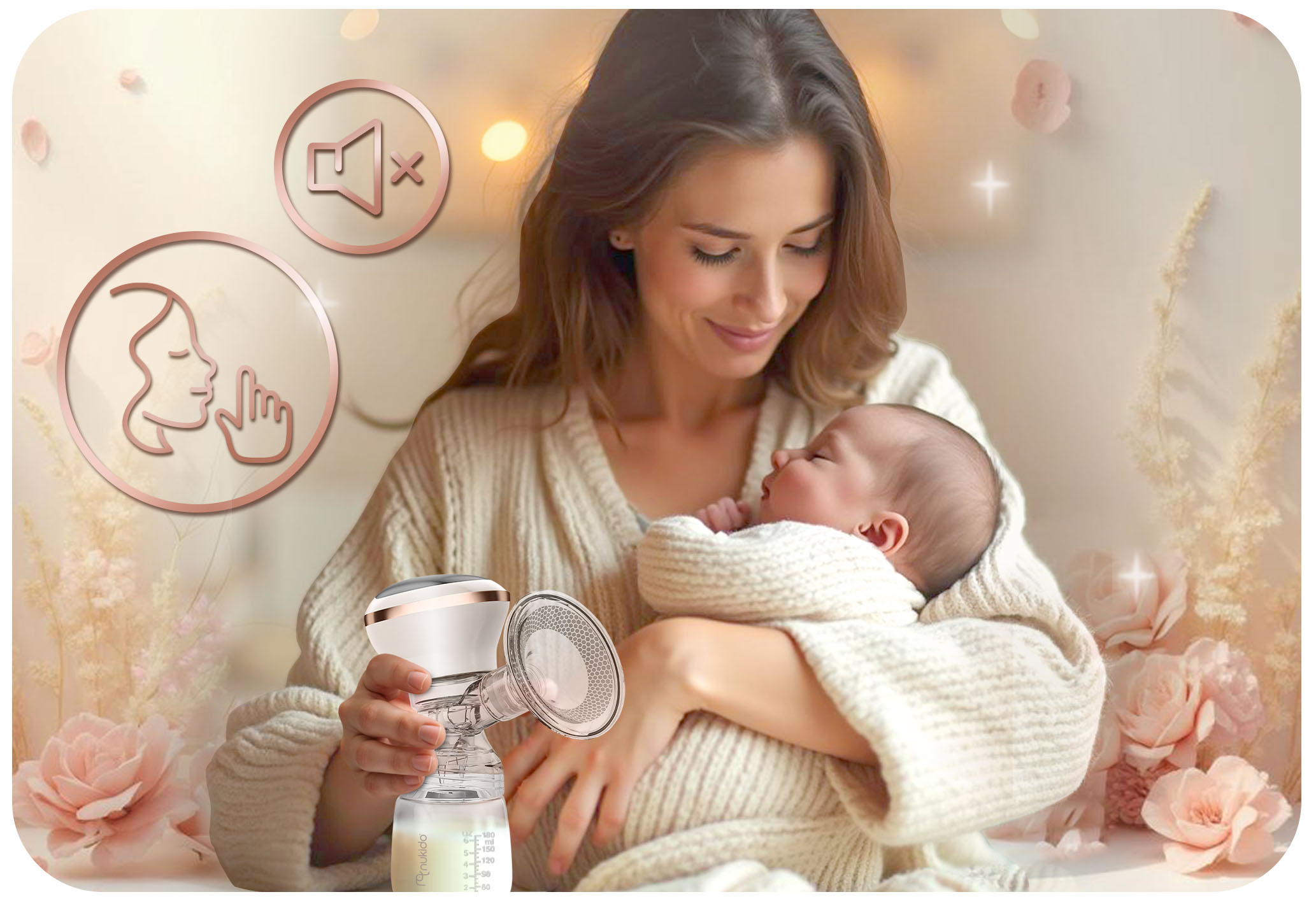 Kobieta trzymająca laktator i patrząca na dziecko. Ikony wskazują tryb cichy i sterowanie dotykowe.