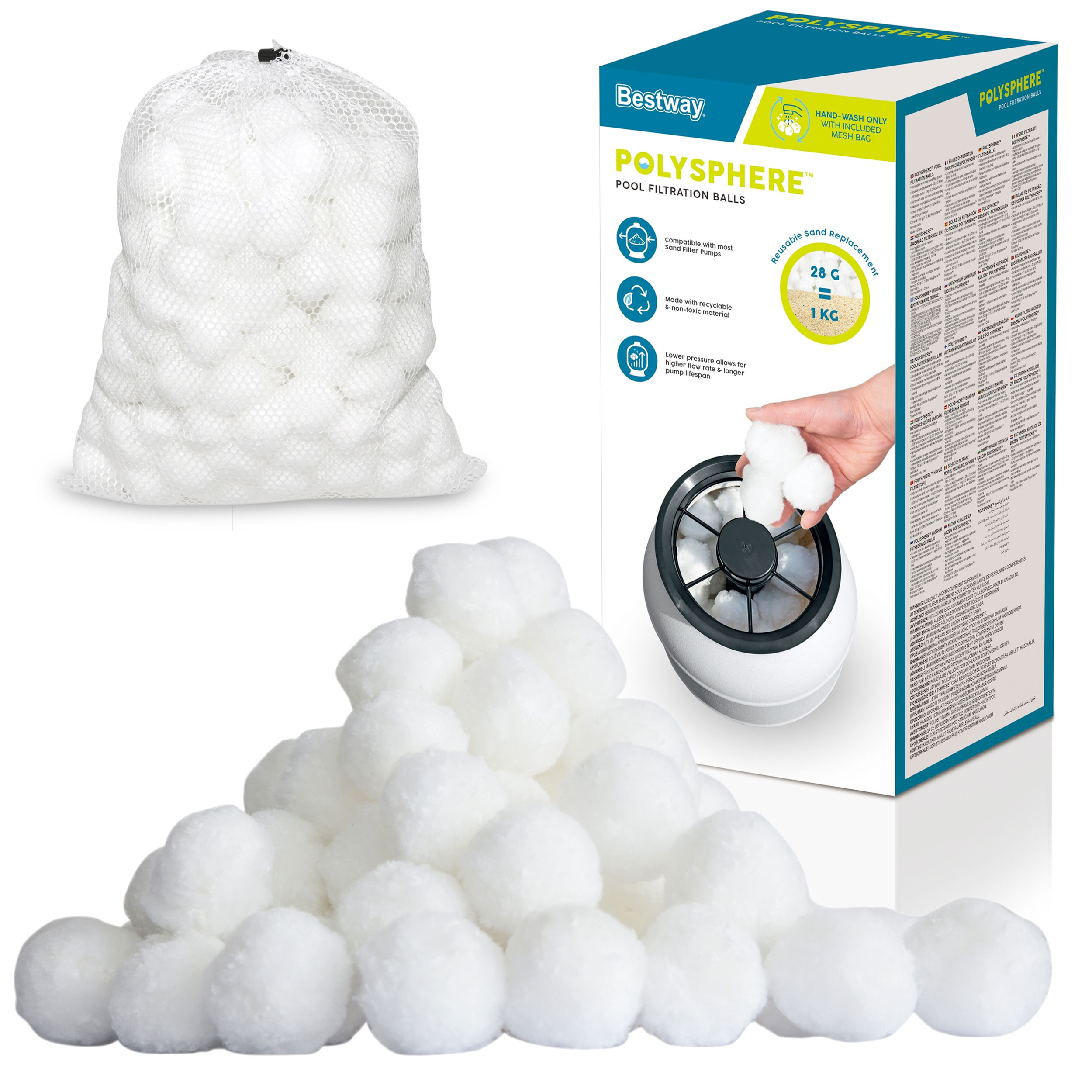 Białe kulki filtracyjne do basenu w worku i pudełku, z większą ilością kulek.