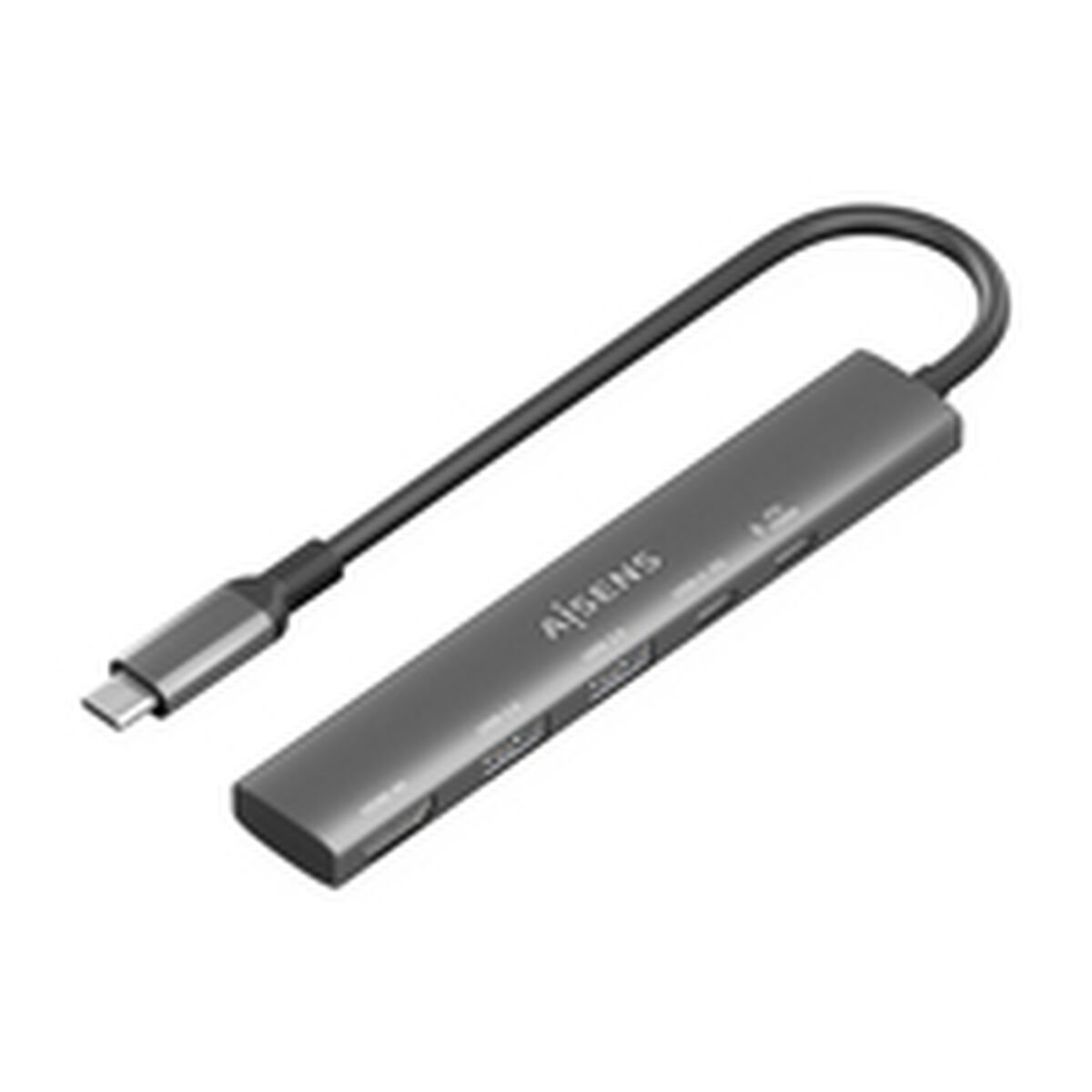 Un hub USB-C grigio con più porte e un cavo nero con connettore USB-C.