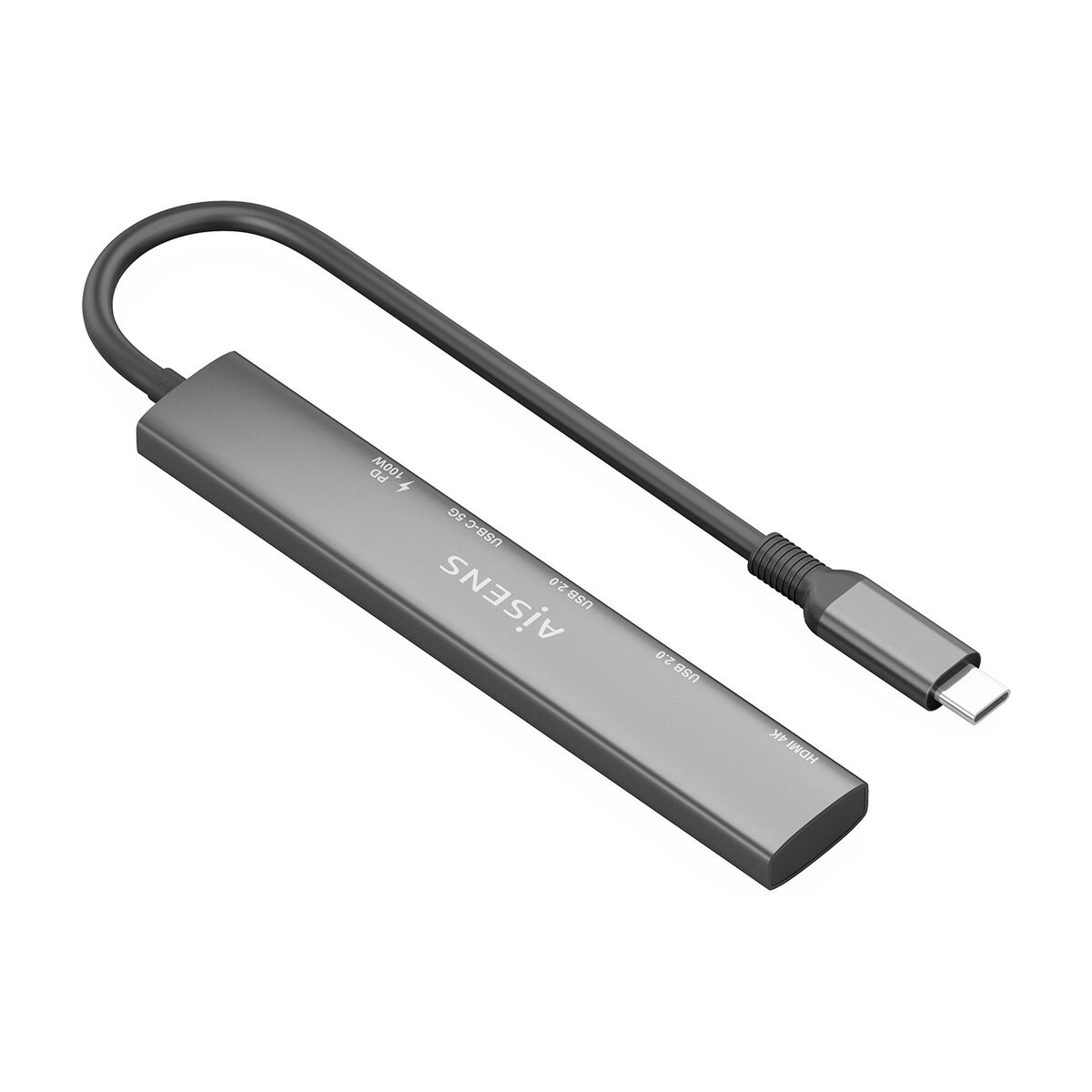 Un hub USB-C grigio con più porte e un cavo nero con connettore USB-C.