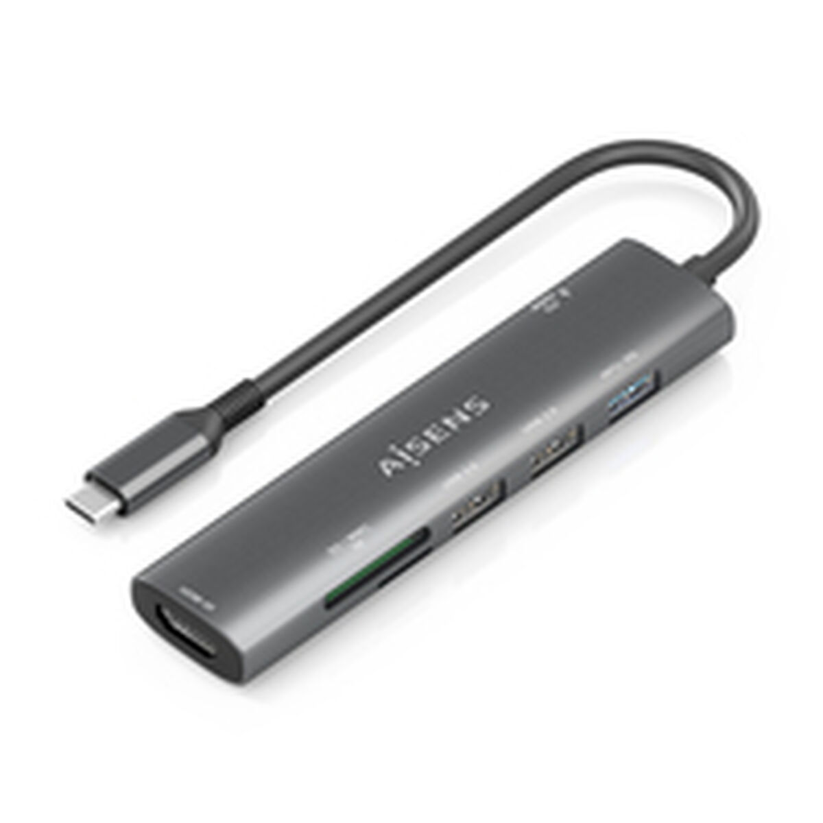 Ein grauer USB-C-Hub mit mehreren Anschlüssen und einem schwarzen Kabel mit USB-C-Anschluss.