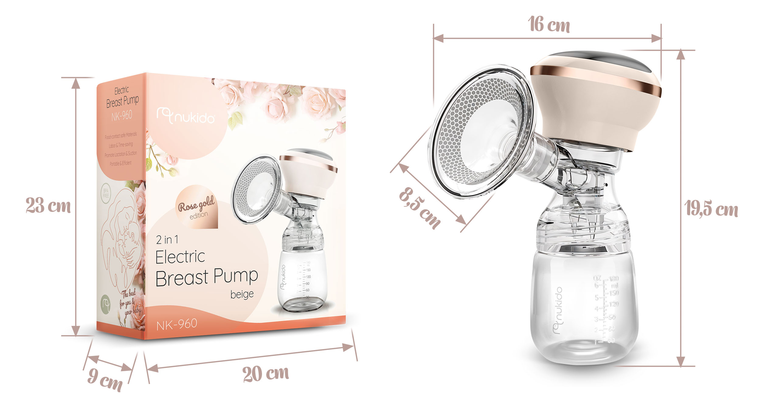 Pompa do piersi i opakowanie. Pompa jest beżowa i przezroczysta. Pudełko wyświetla wymiary w cm.