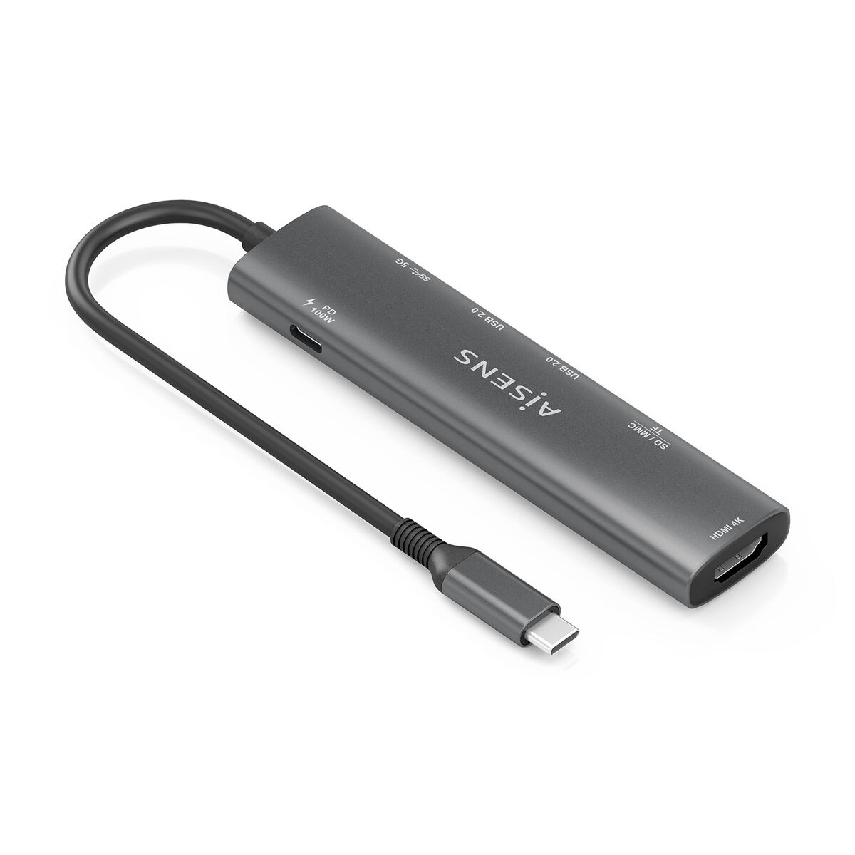 Grauer USB-C-Hub mit mehreren Anschlüssen. Er hat ein schwarzes Kabel zur Verbindung. AISENS ist aufgedruckt.