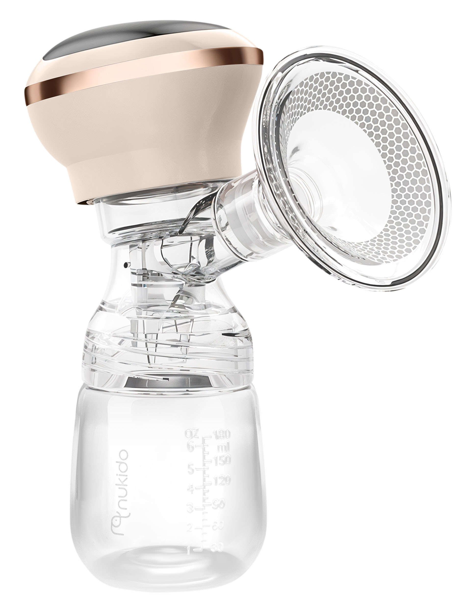 Elektryczna pompa do piersi z przezroczystą butelką i beżową górą. Na białym tle.