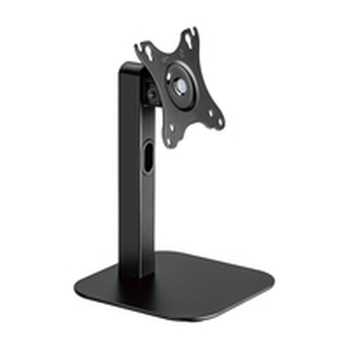 Supporto per monitor nero con base quadrata e braccio verticale, su sfondo bianco.