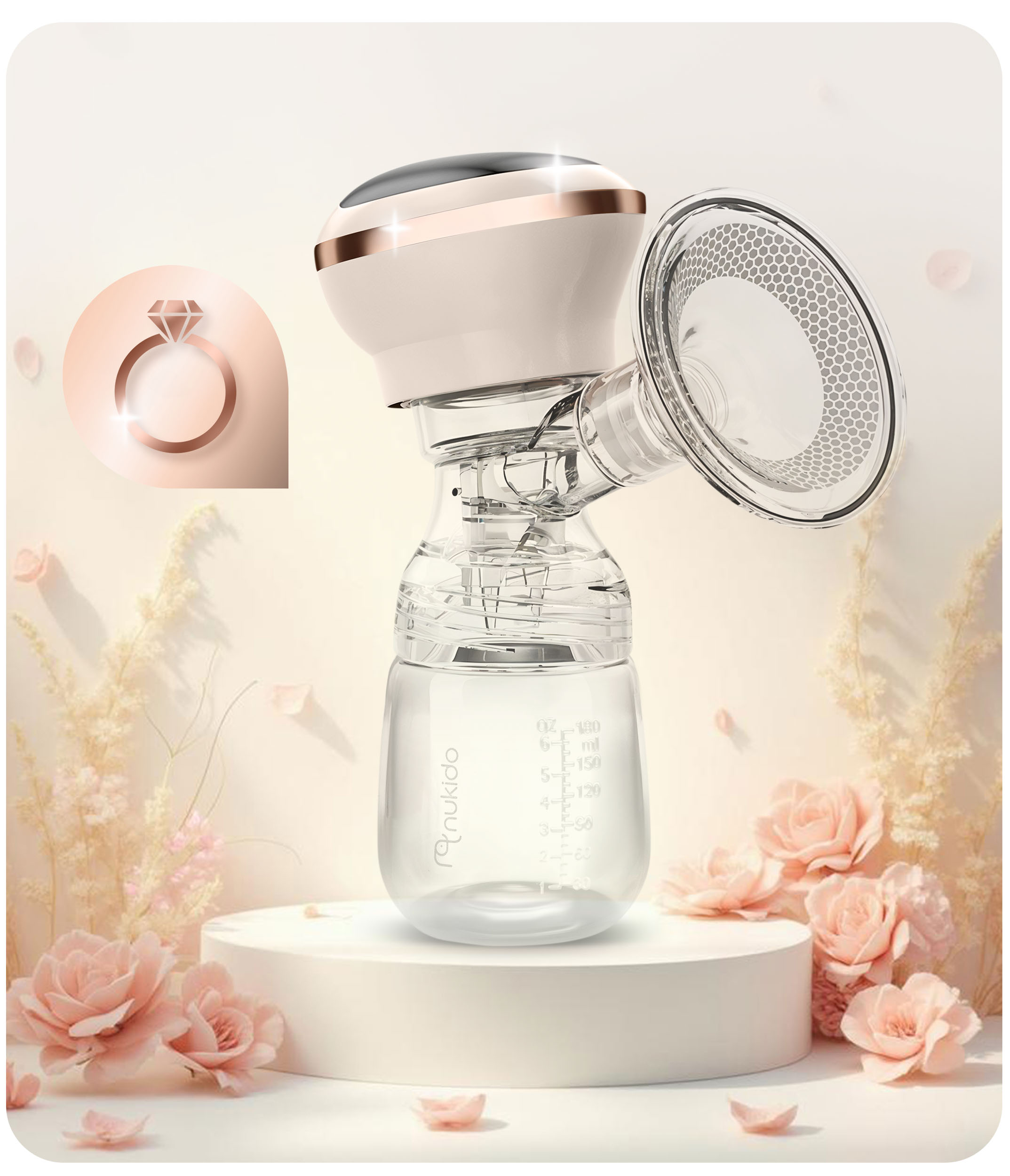 Pompa do piersi z beżową górą i przezroczystą butelką, z różowym tłem z różami i grafiką pierścienia.