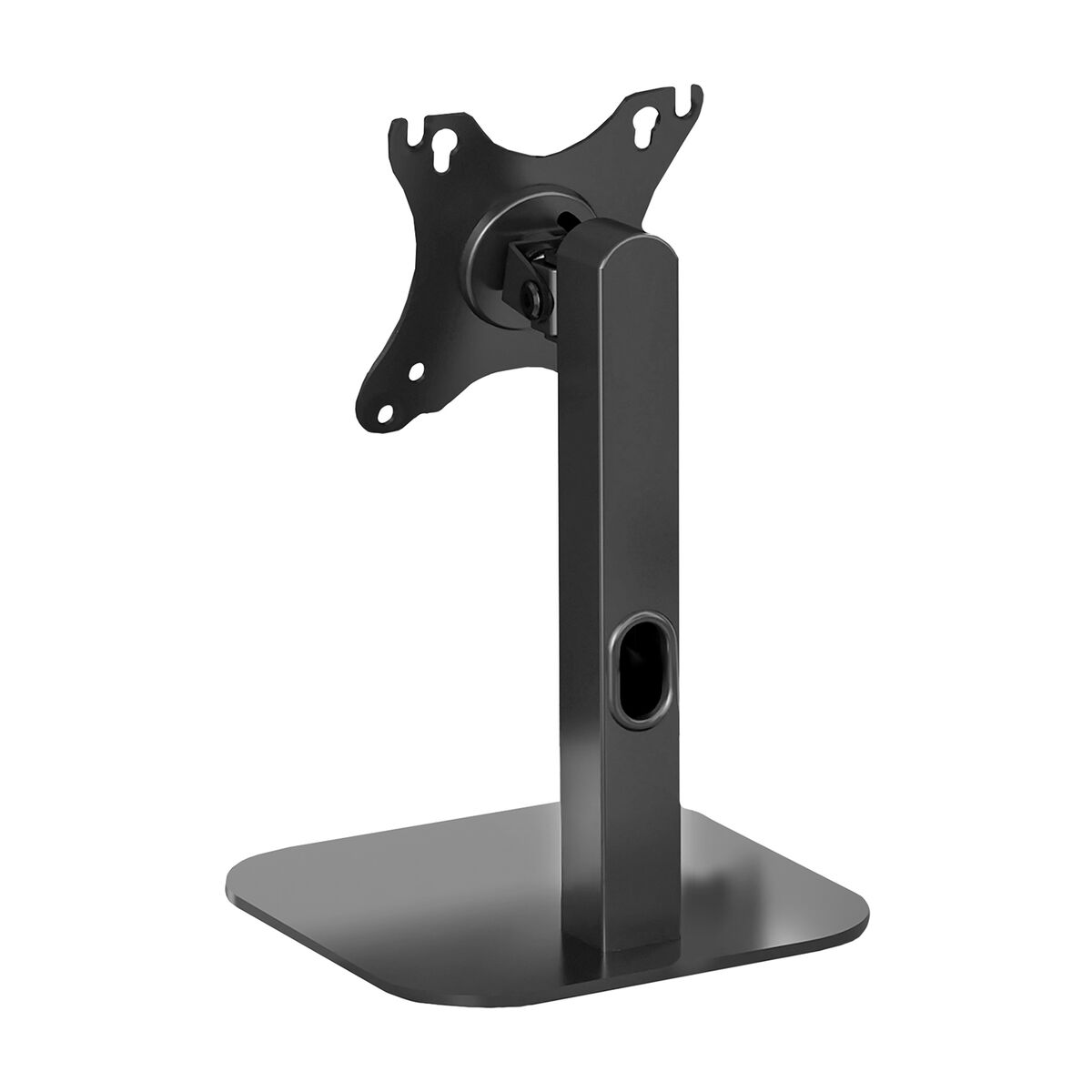 Supporto per monitor nero con base quadrata e braccio verticale. Sfondo bianco.