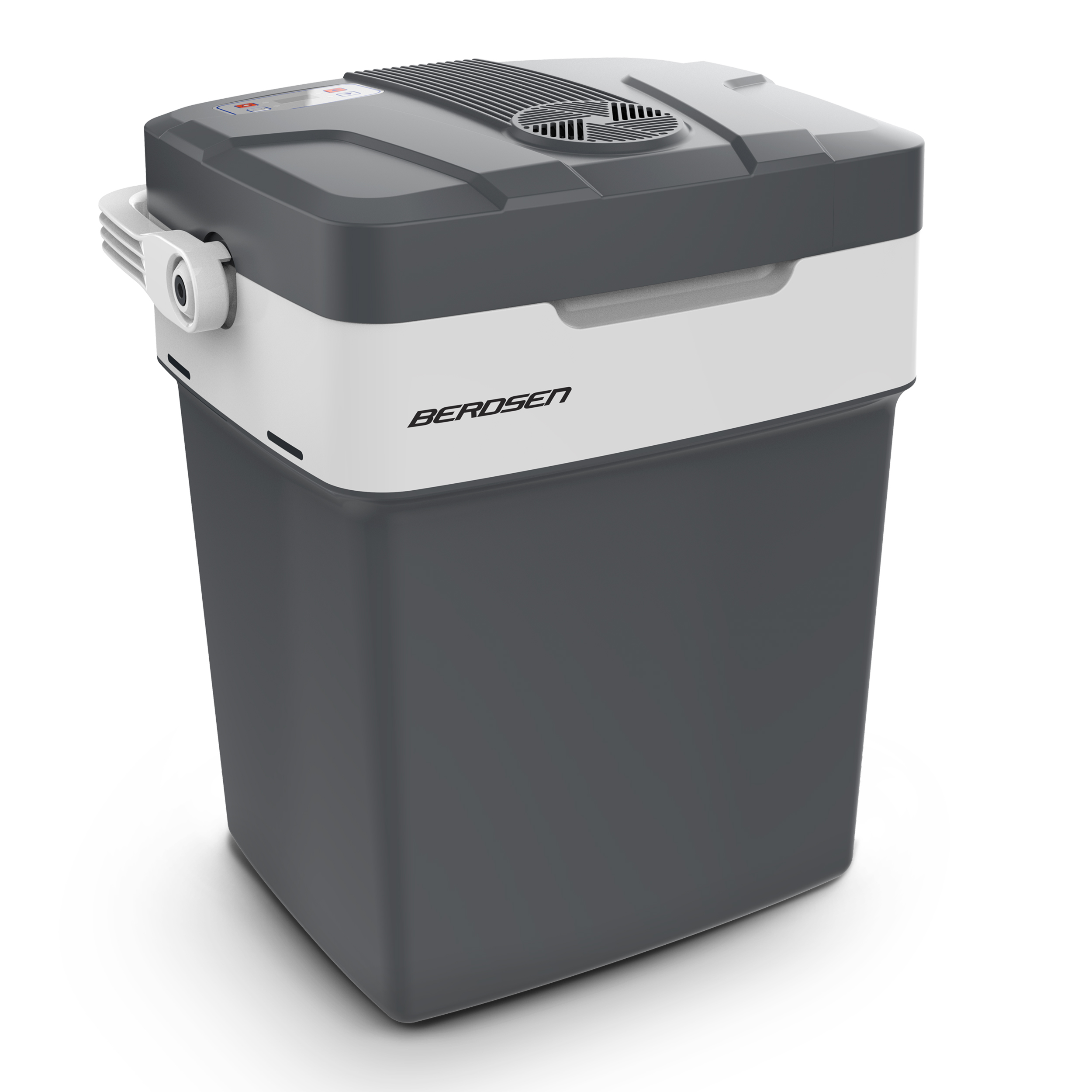 Lodówka przenośna z zamkniętą pokrywą i uchwytem. Urządzenie jest szare i białe, z kratką wentylacyjną.