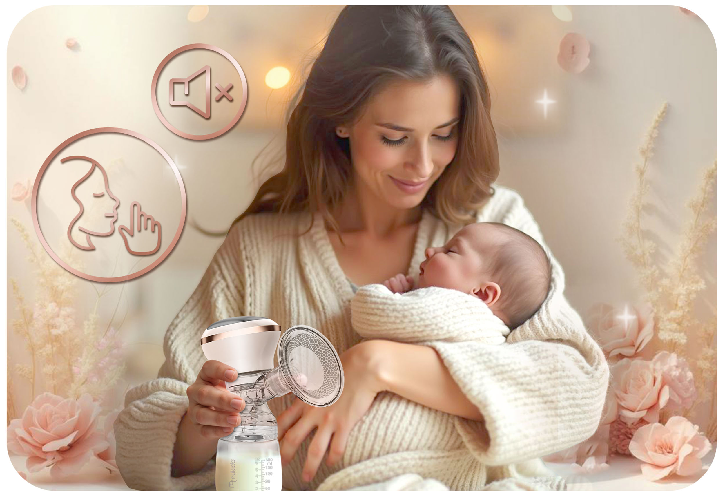 Kobieta z dzieckiem, używająca laktatora. Ikony w kolorze różowego złota. Miękkie tło z kwiatami. Skupienie na matce i dziecku.