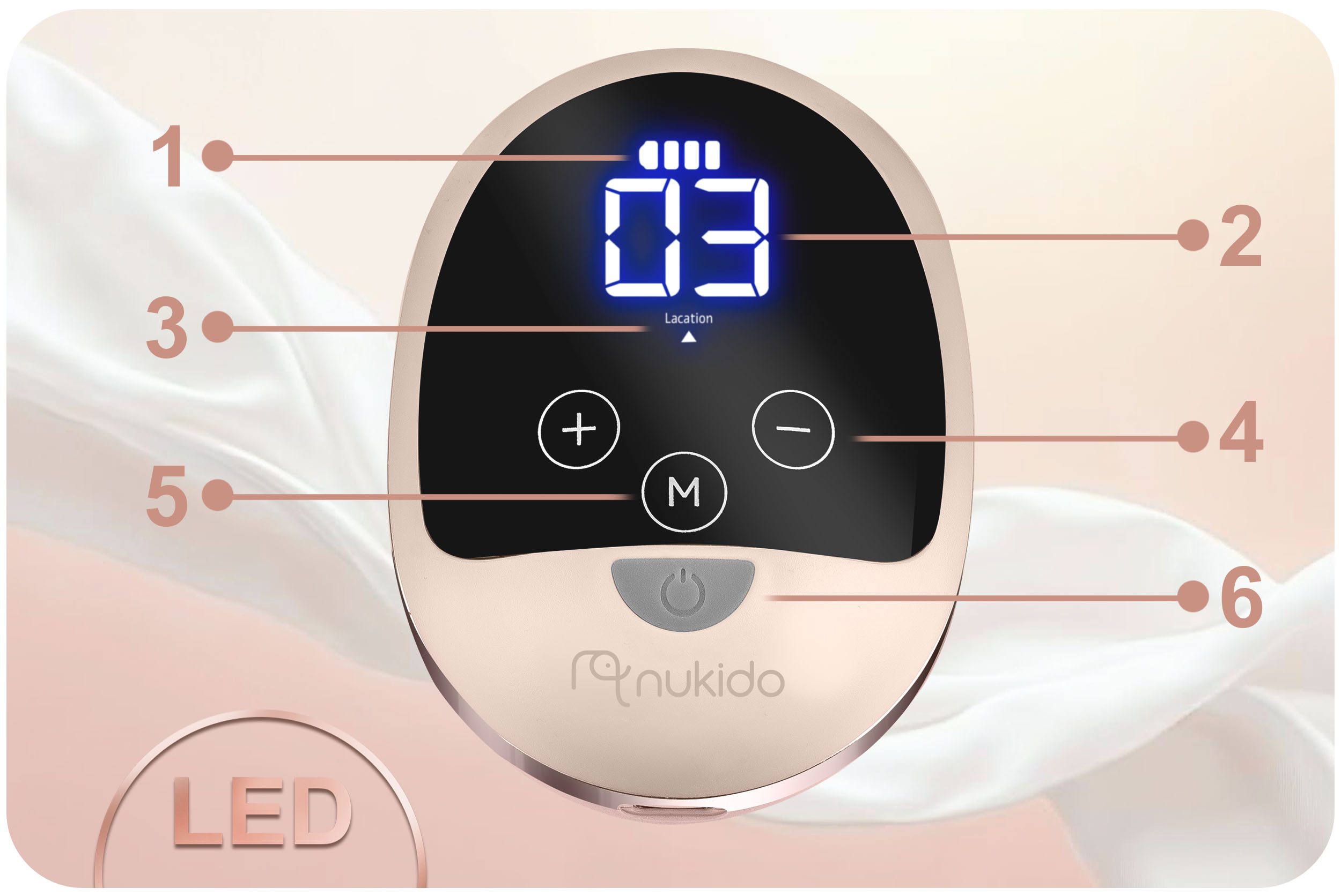 Panel sterowania pompy do piersi z wyświetlaczem i przyciskami, pokazujący liczby i poziom naładowania.