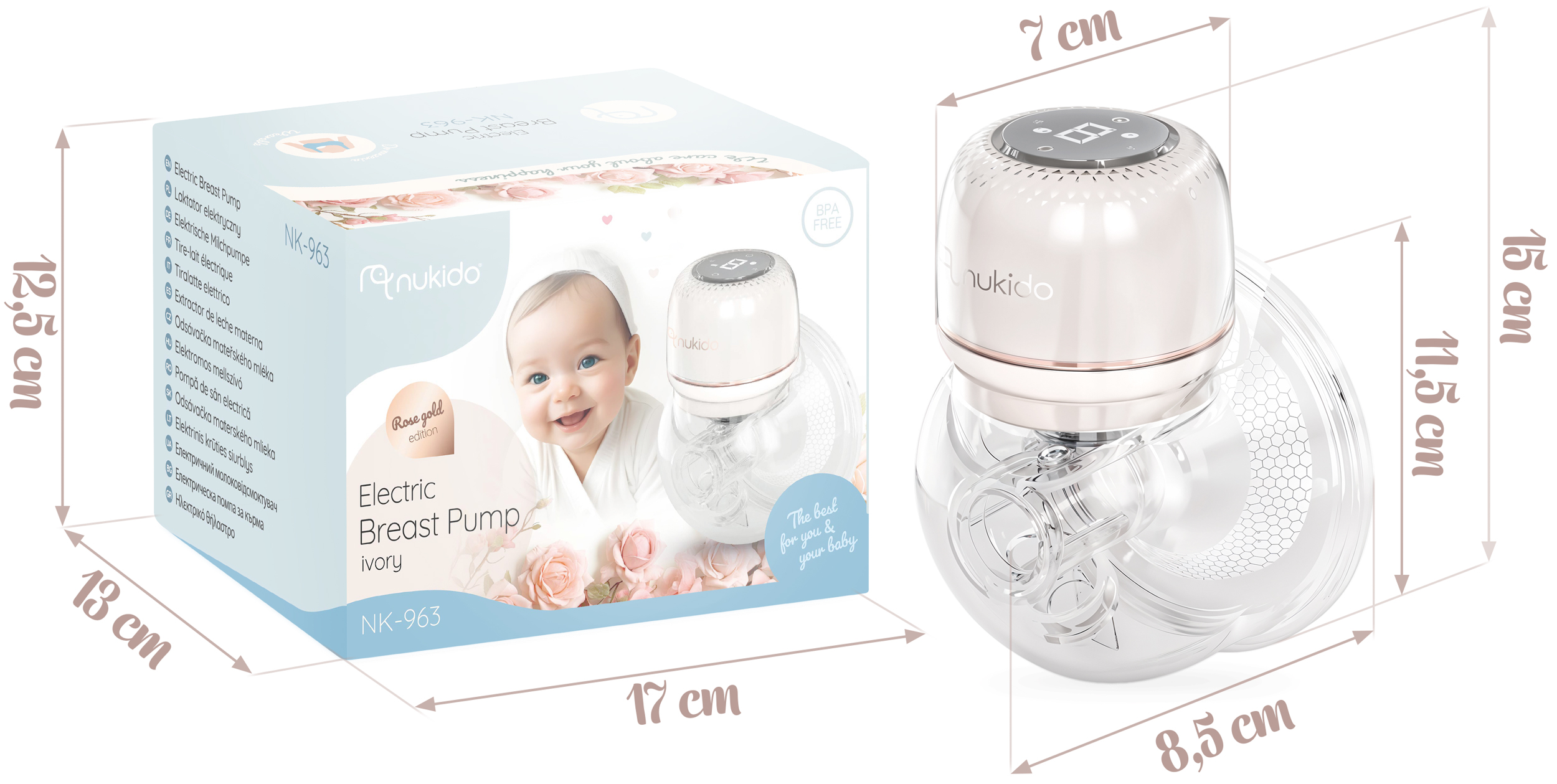 Elektryczna pompka do piersi w pudełku, w kolorze kości słoniowej i różowego złota. Wymiary pudełka i pompki. Zdjęcie dziecka na pudełku.