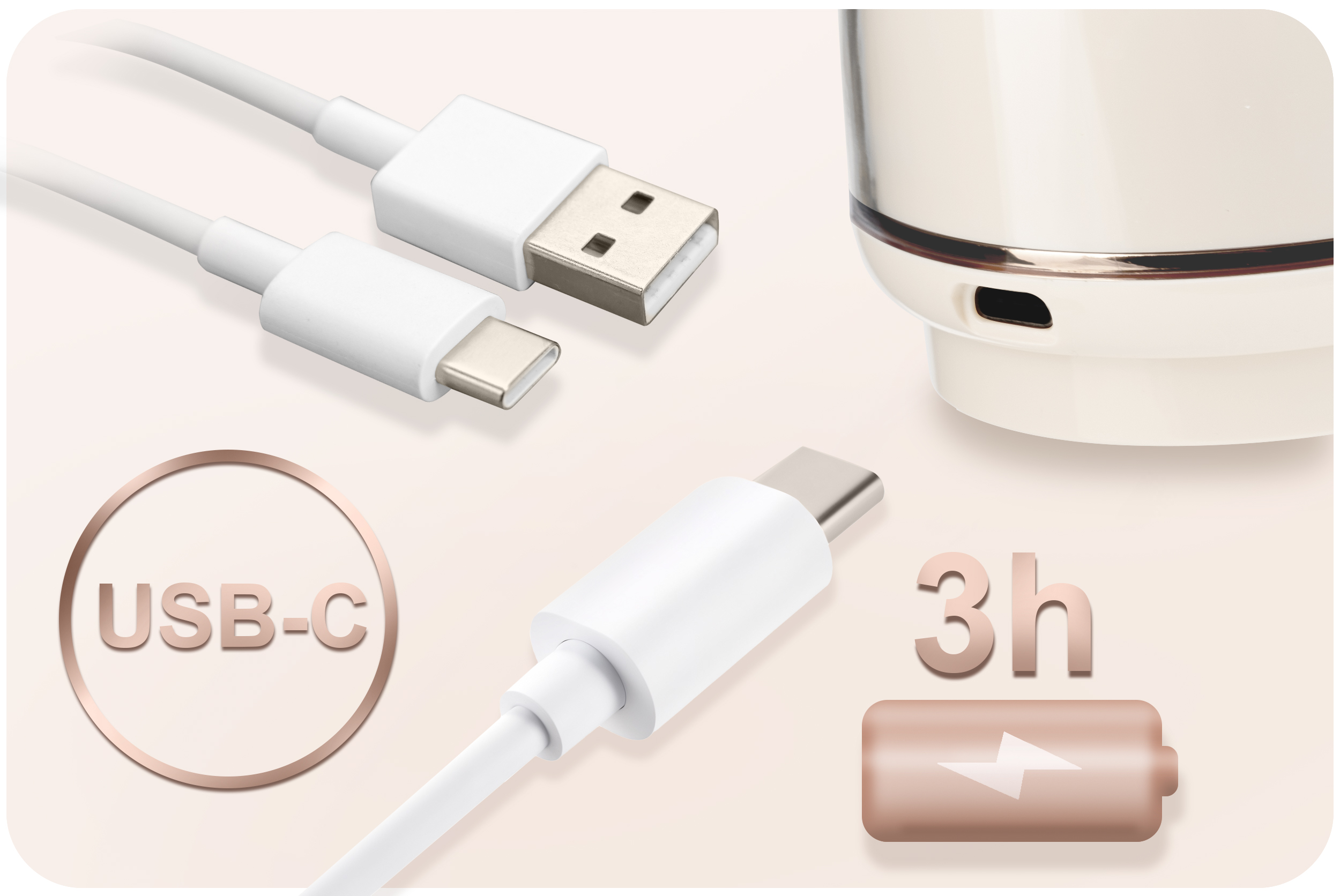 Kable USB i laktator z czasem ładowania i symbolem USB-C, detale w kolorze różowego złota. Białe tło.