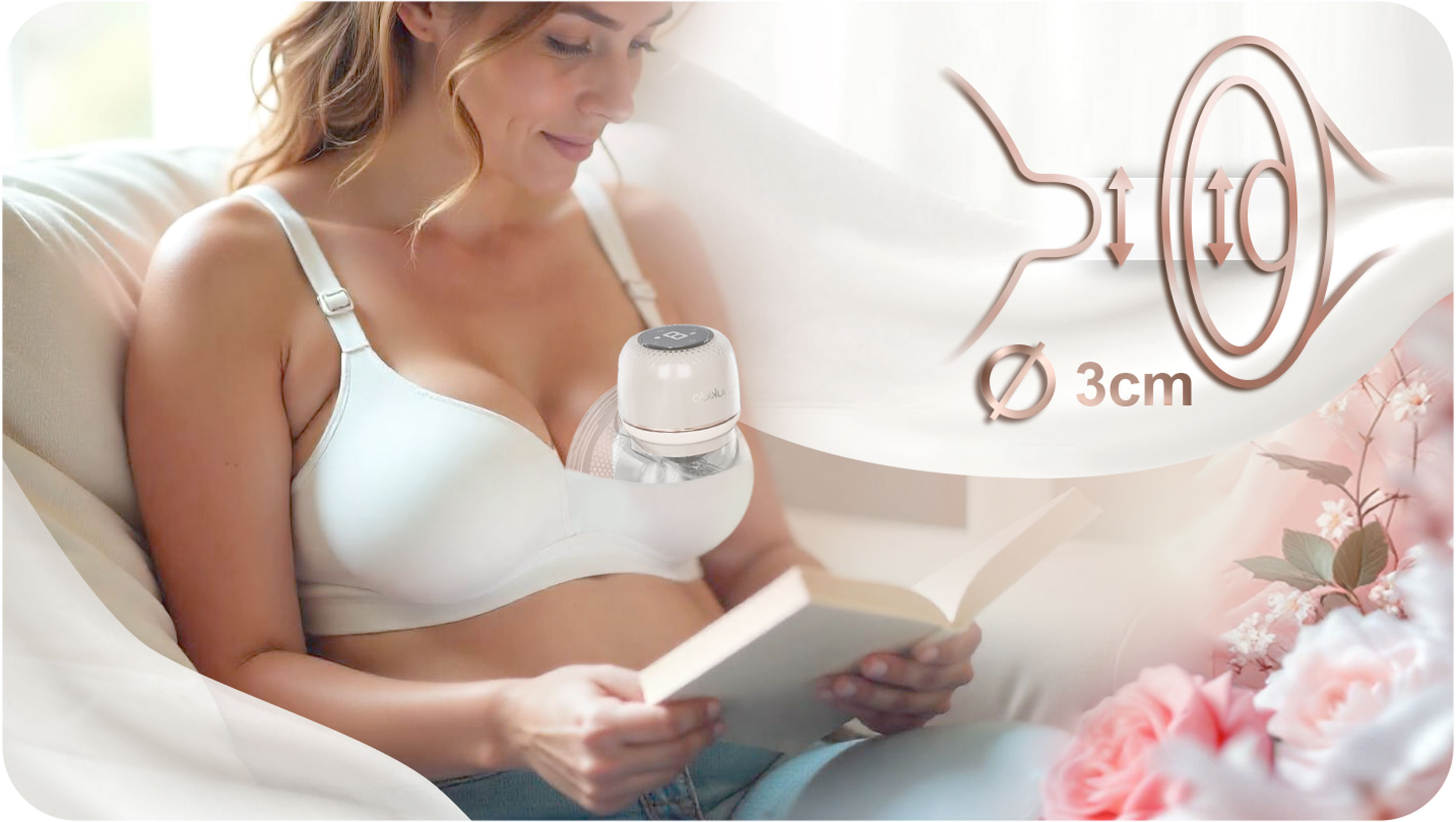 Kobieta czyta, używając elektrycznego laktatora. Schemat odciągania pokarmu z pomiarami. Czytanie książki.