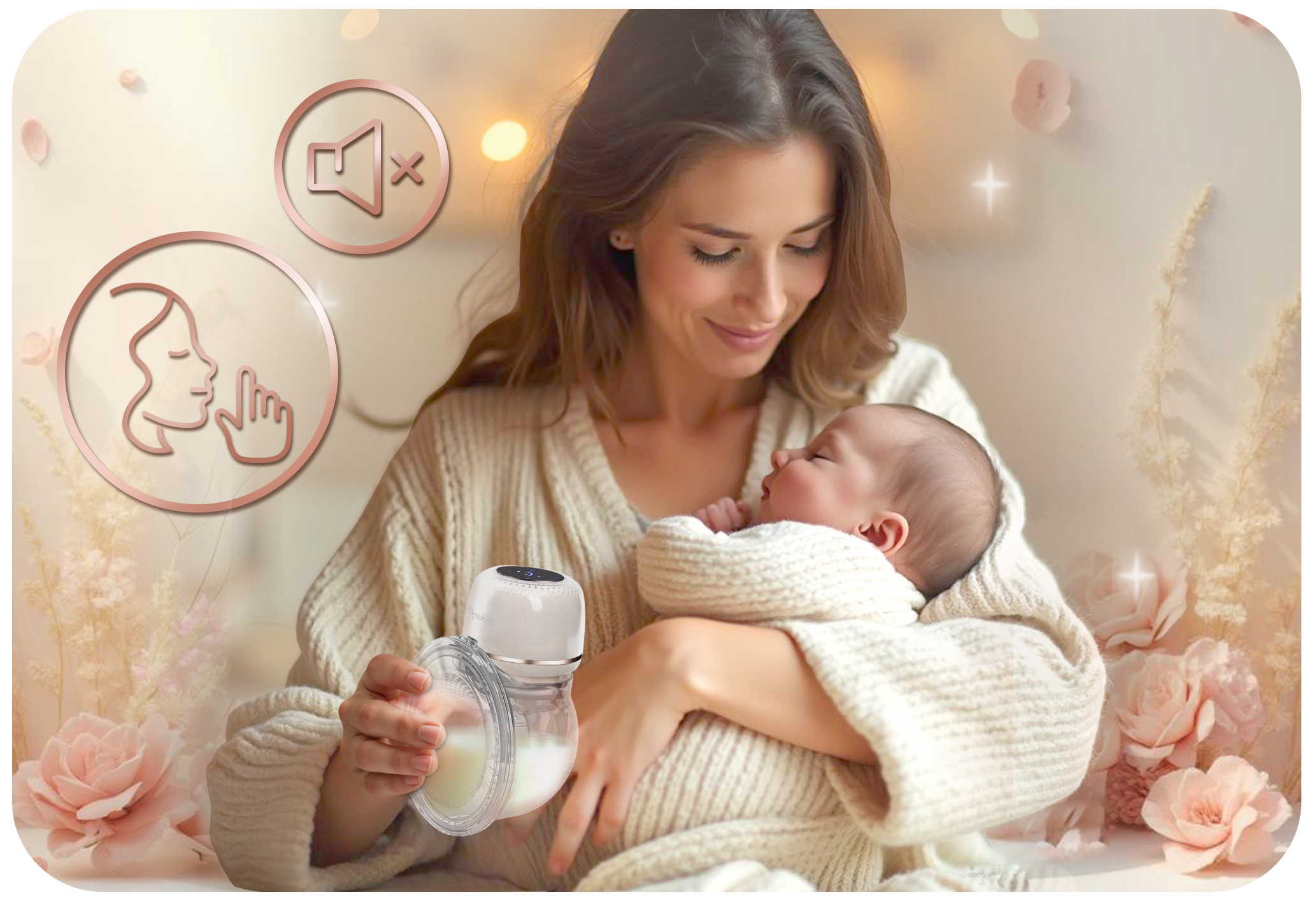 Matka trzyma dziecko, używając laktatora. Widoczne różowe akcenty kwiatowe i ikony ciszy i dotyku.