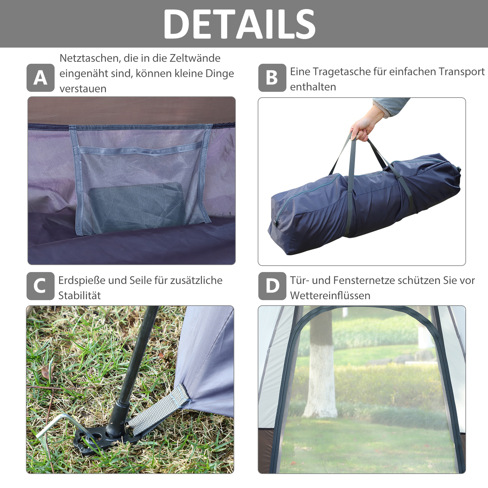 Details zu Zubehör für das Zelt. Enthält Netztasche, Tragetasche, Heringe und eine Tür.