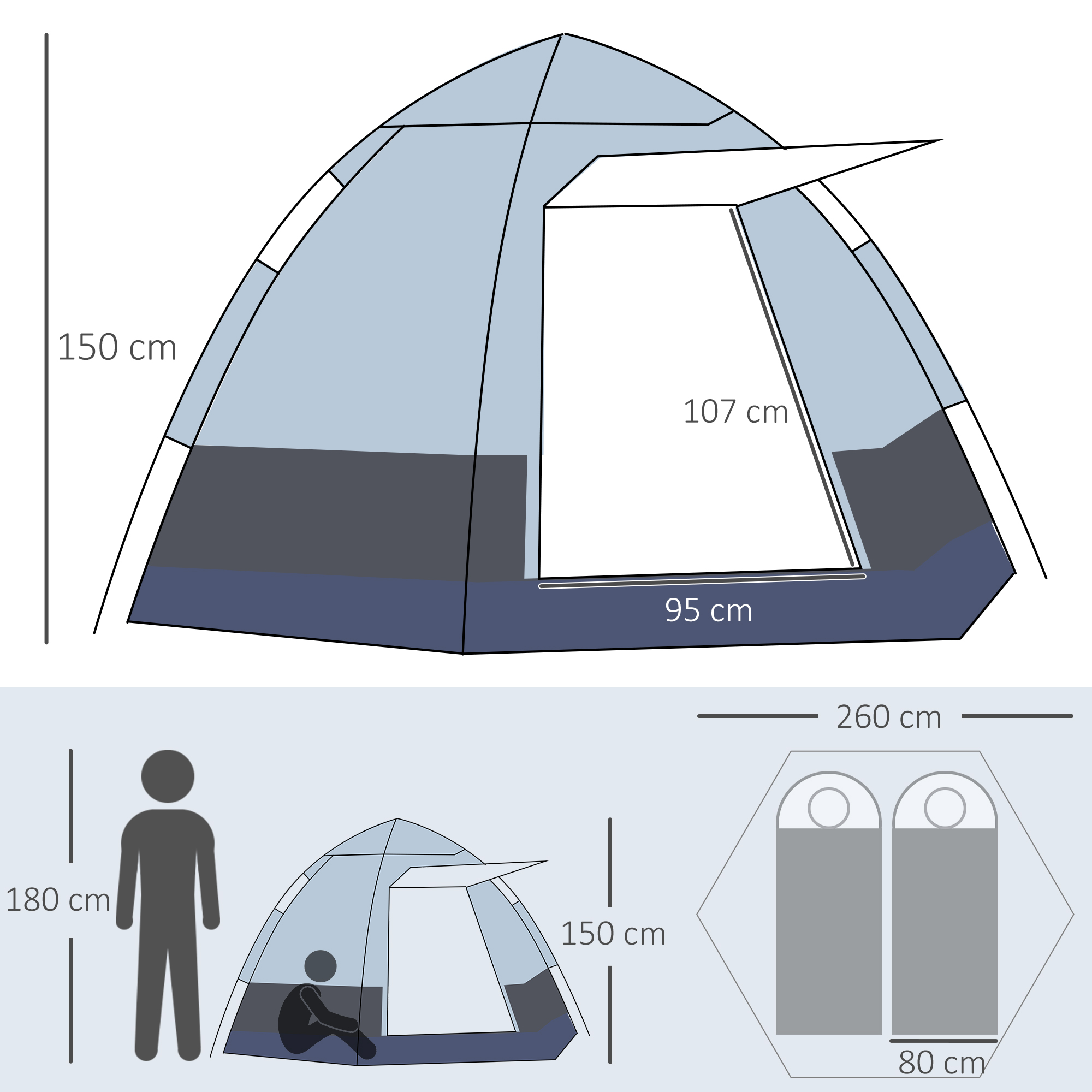 Diagramm, das ein Zelt mit den Abmessungen 150 cm und 260 cm zeigt. Daneben ist eine Person abgebildet.
