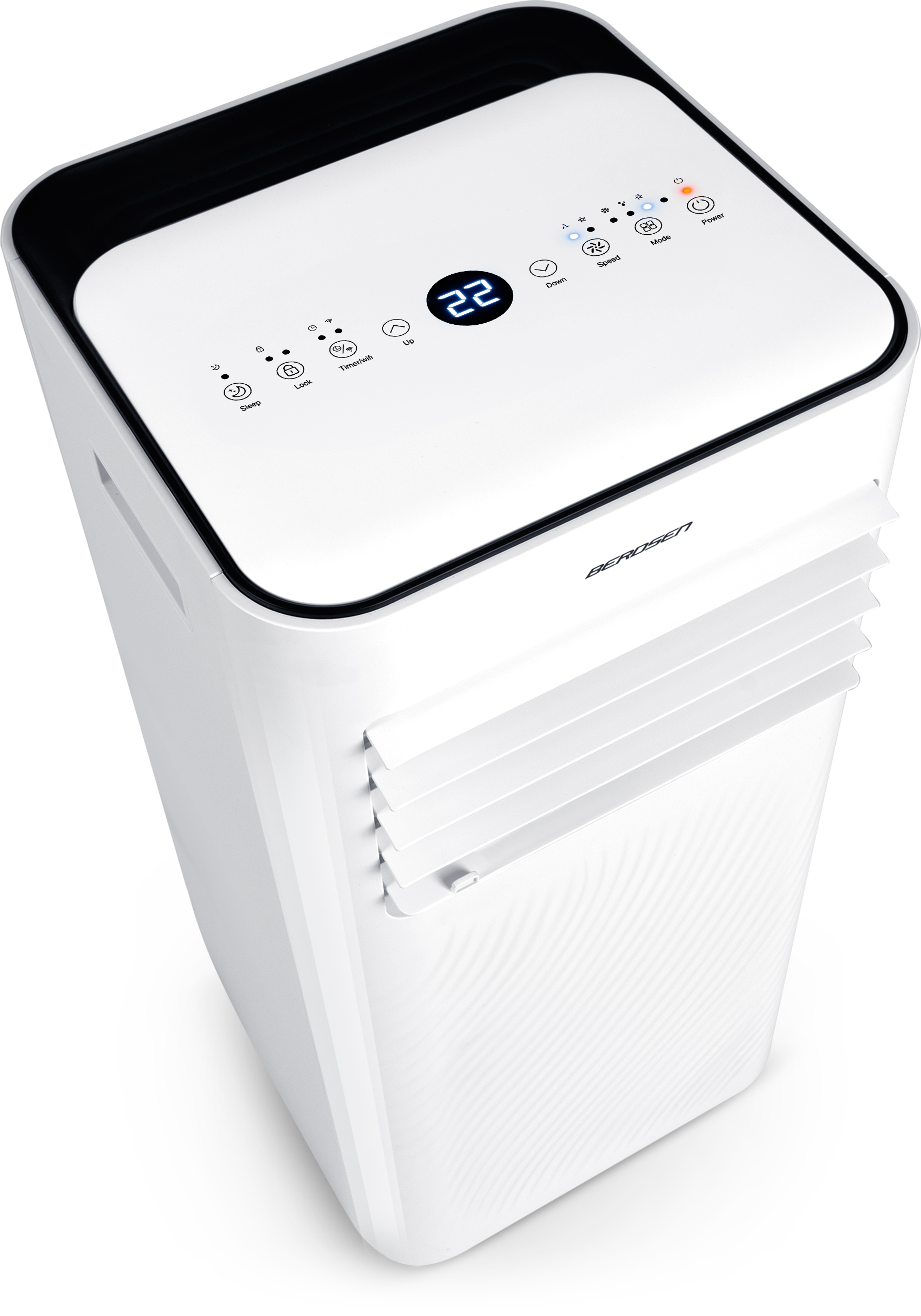 Klimatyzator z góry, pokazujący górny panel z elementami sterującymi. Biały kolor.