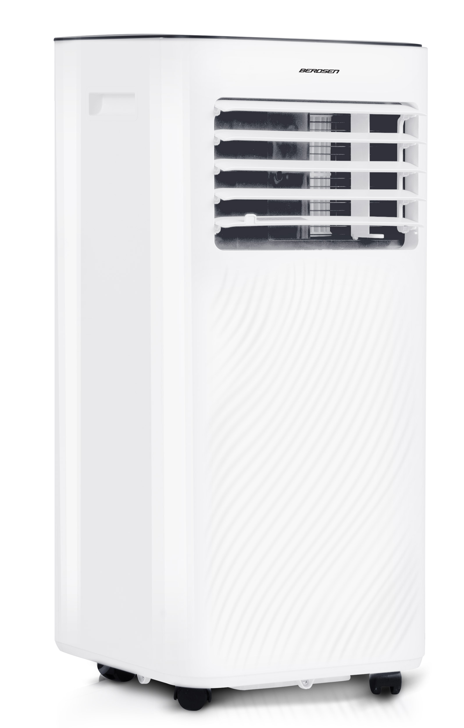 Biały klimatyzator z otworami wentylacyjnymi i czarnymi kółkami. Ma cyfrowy wyświetlacz na górze.