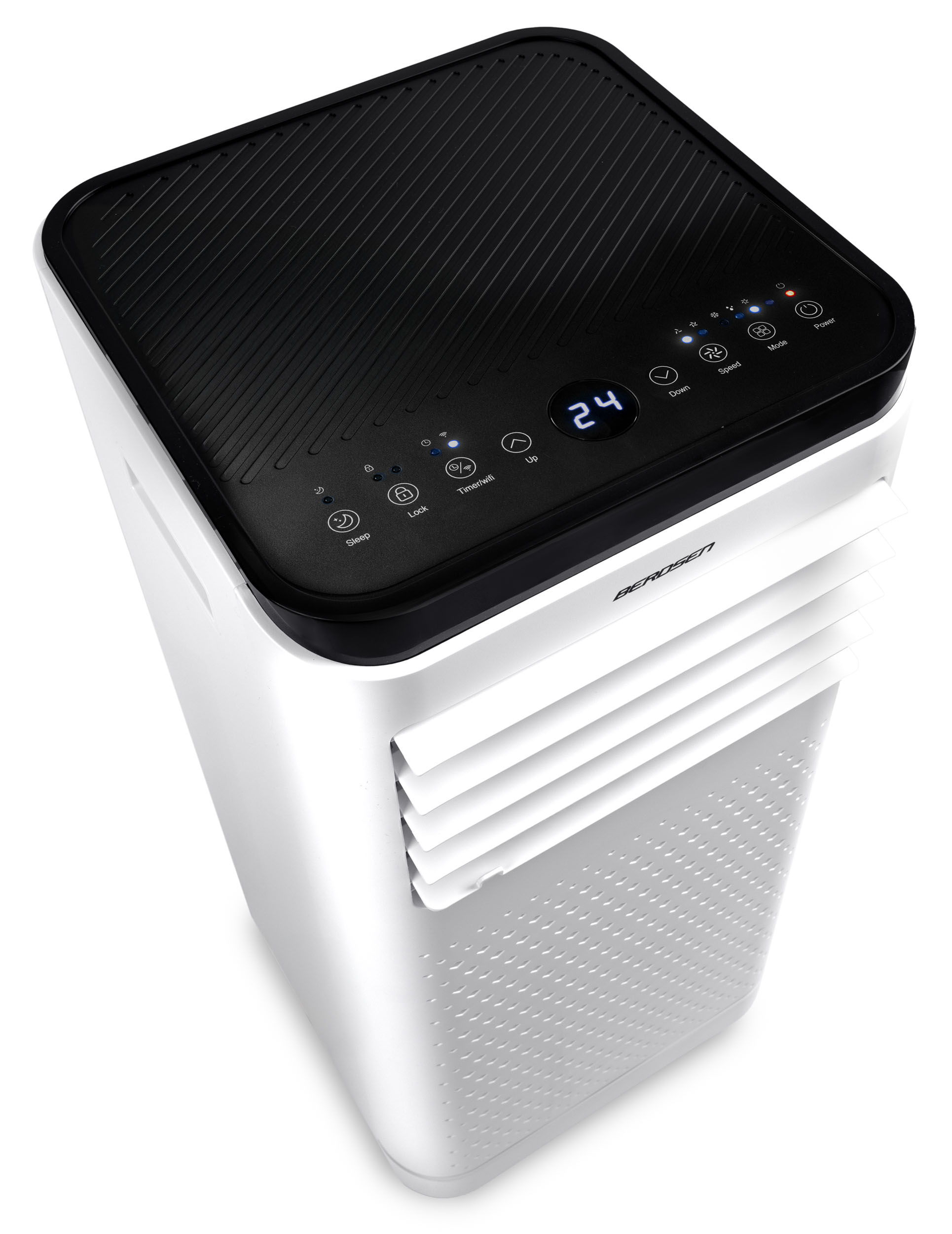 Biało-czarna chłodziarka powietrza z góry. Posiada wyświetlacz cyfrowy pokazujący '24' i różne przyciski sterowania.