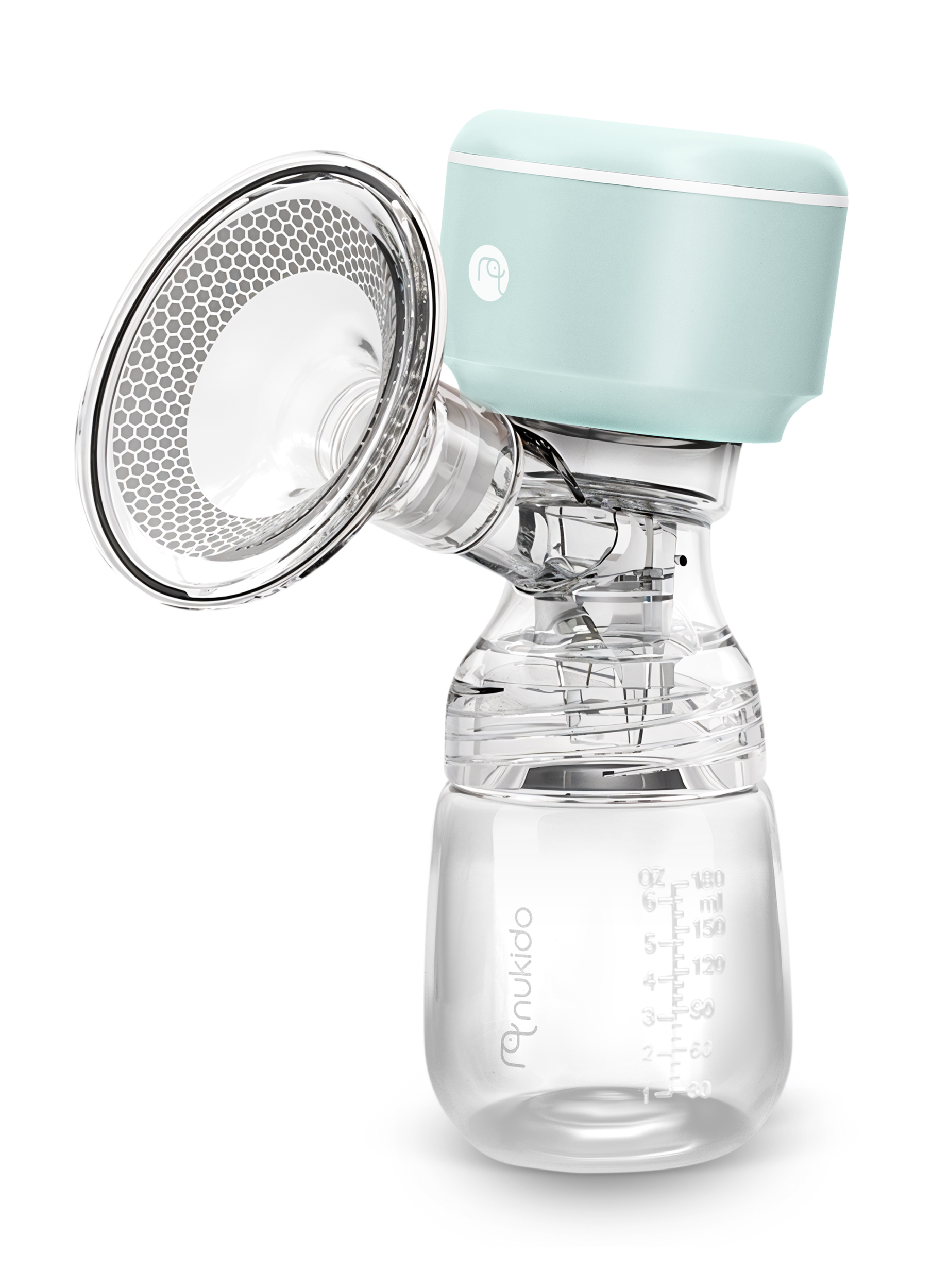 Laktator z turkusową jednostką napędową i butelką. Jest przezroczysty z oznaczeniami objętości.