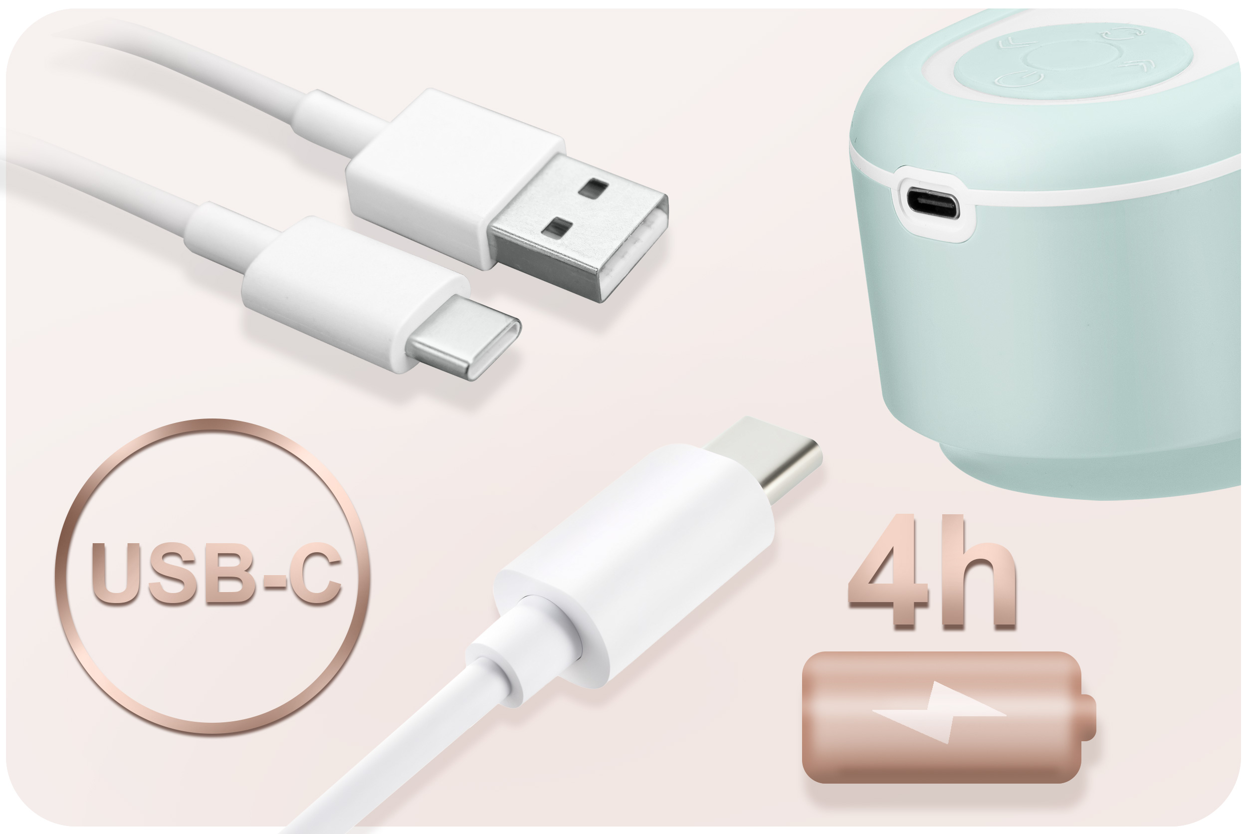 Białe kable USB i turkusowe urządzenie z portem USB-C. Obecna jest również etykieta USB-C i ikona baterii 4h.