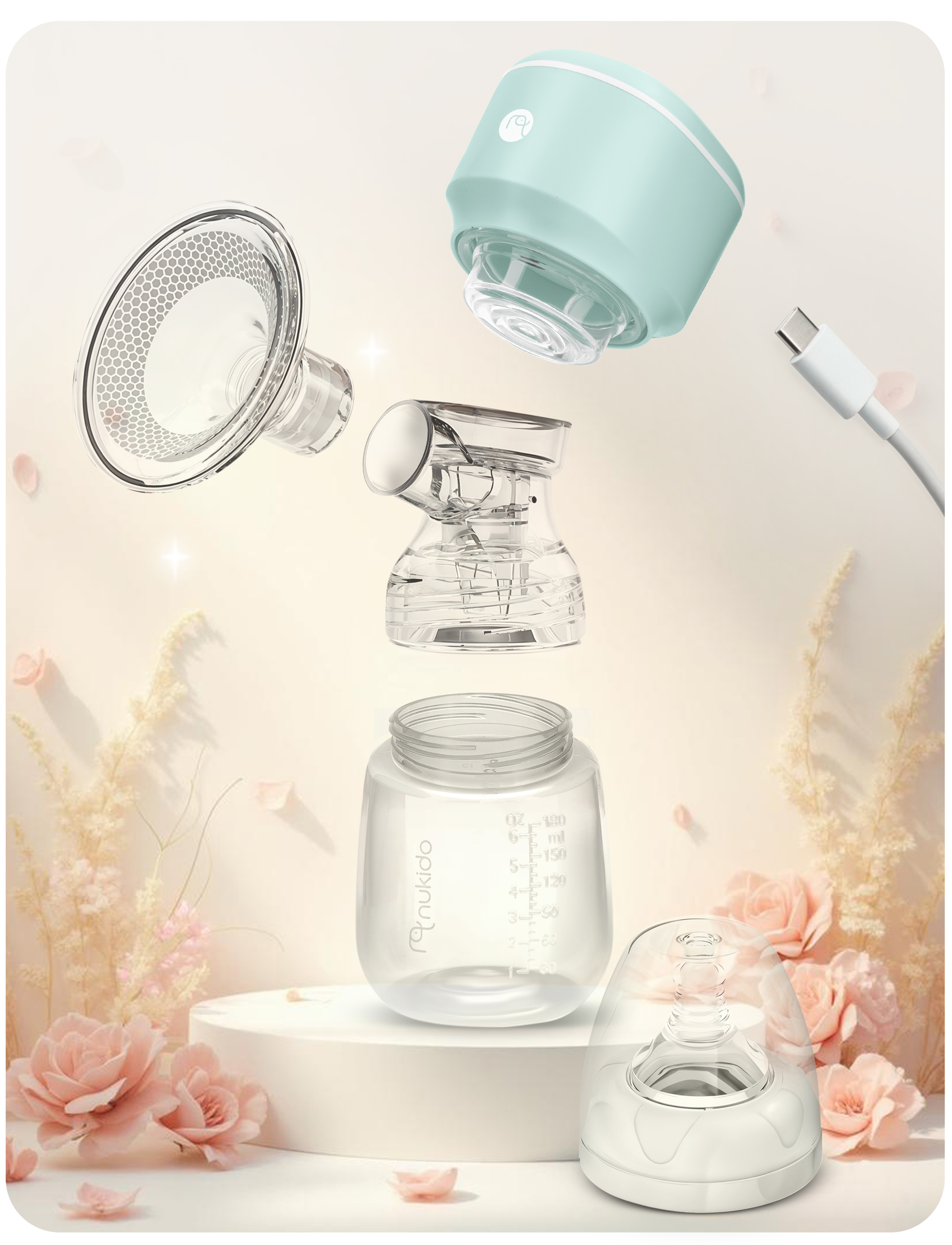 Widok rozstrzelony laktatora. Elementy to pompa, butelka i lejek, na miękkim tle.