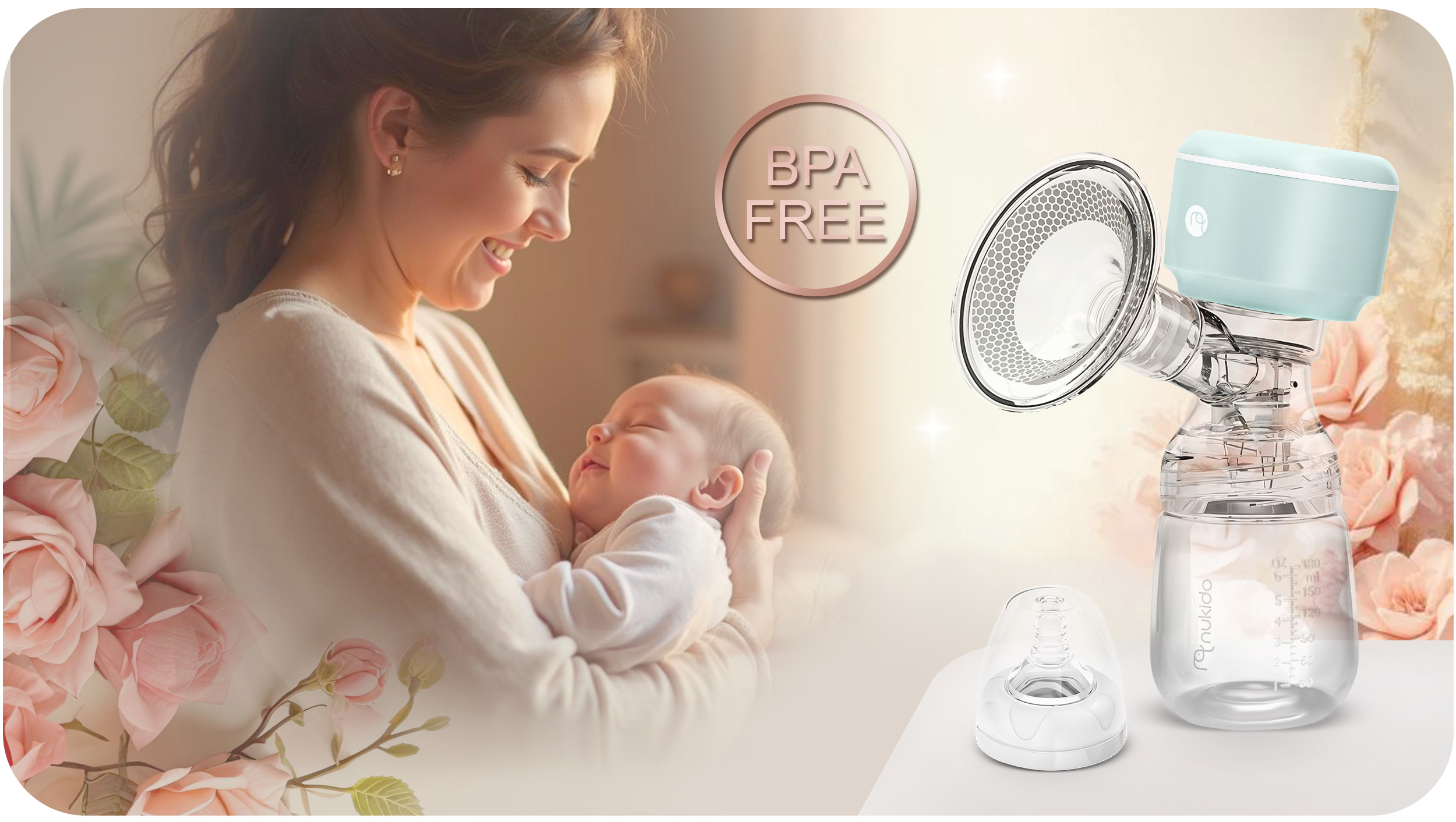 Matka trzymająca dziecko, z laktatorem i etykietą bez BPA w tle. Różowe kwiaty otaczają ich.