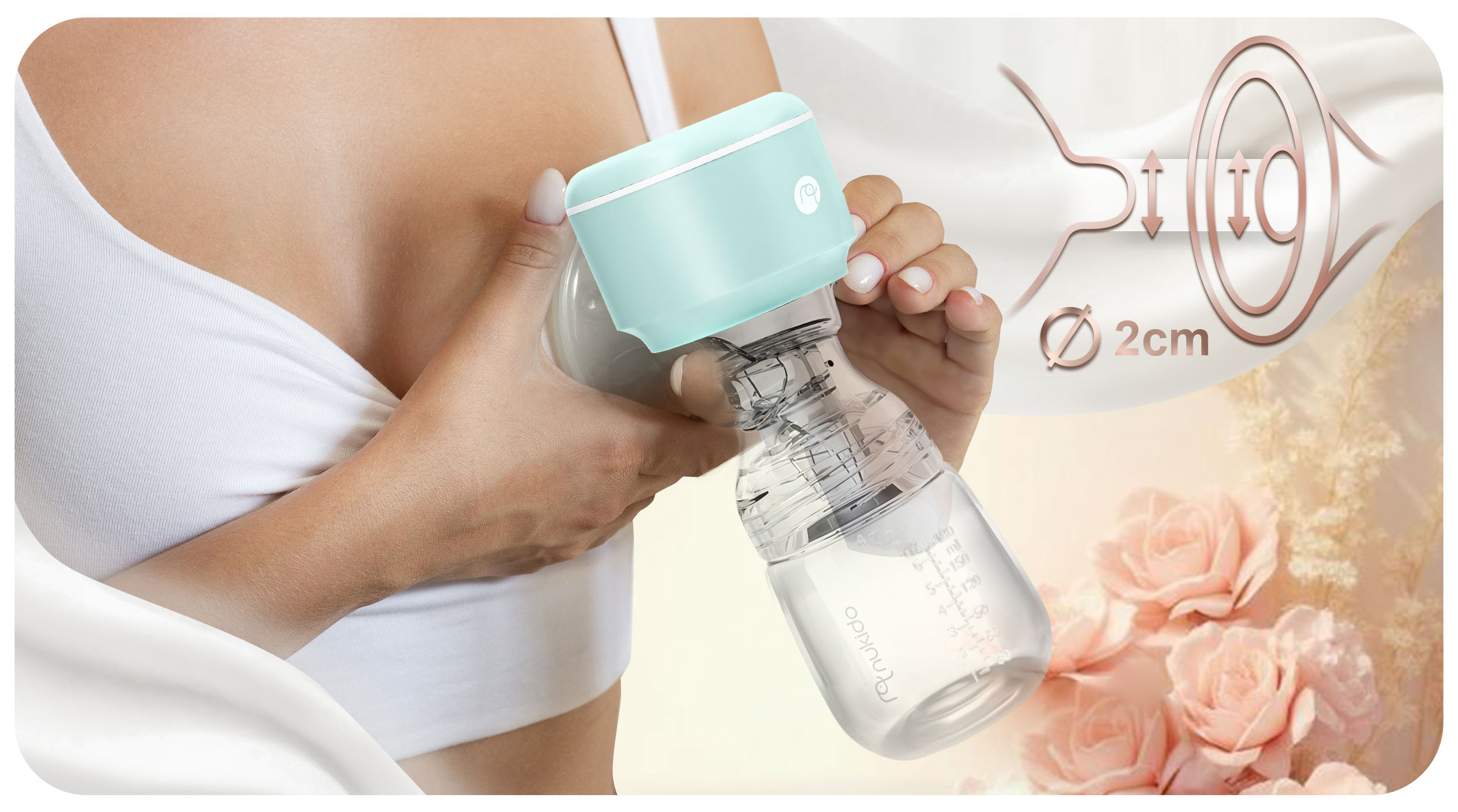 Osoba trzymająca laktator z pompką na piersi. Jest ilustracja obszaru ssania pompy.