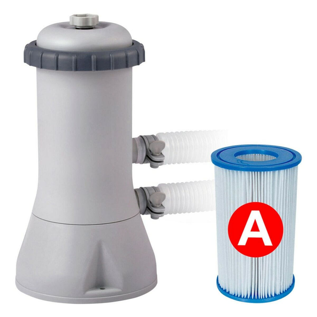 Szary filtr basenowy z dwoma podłączonymi wężami. Po prawej stronie znajduje się wkład filtra z czerwoną literą 'A'.