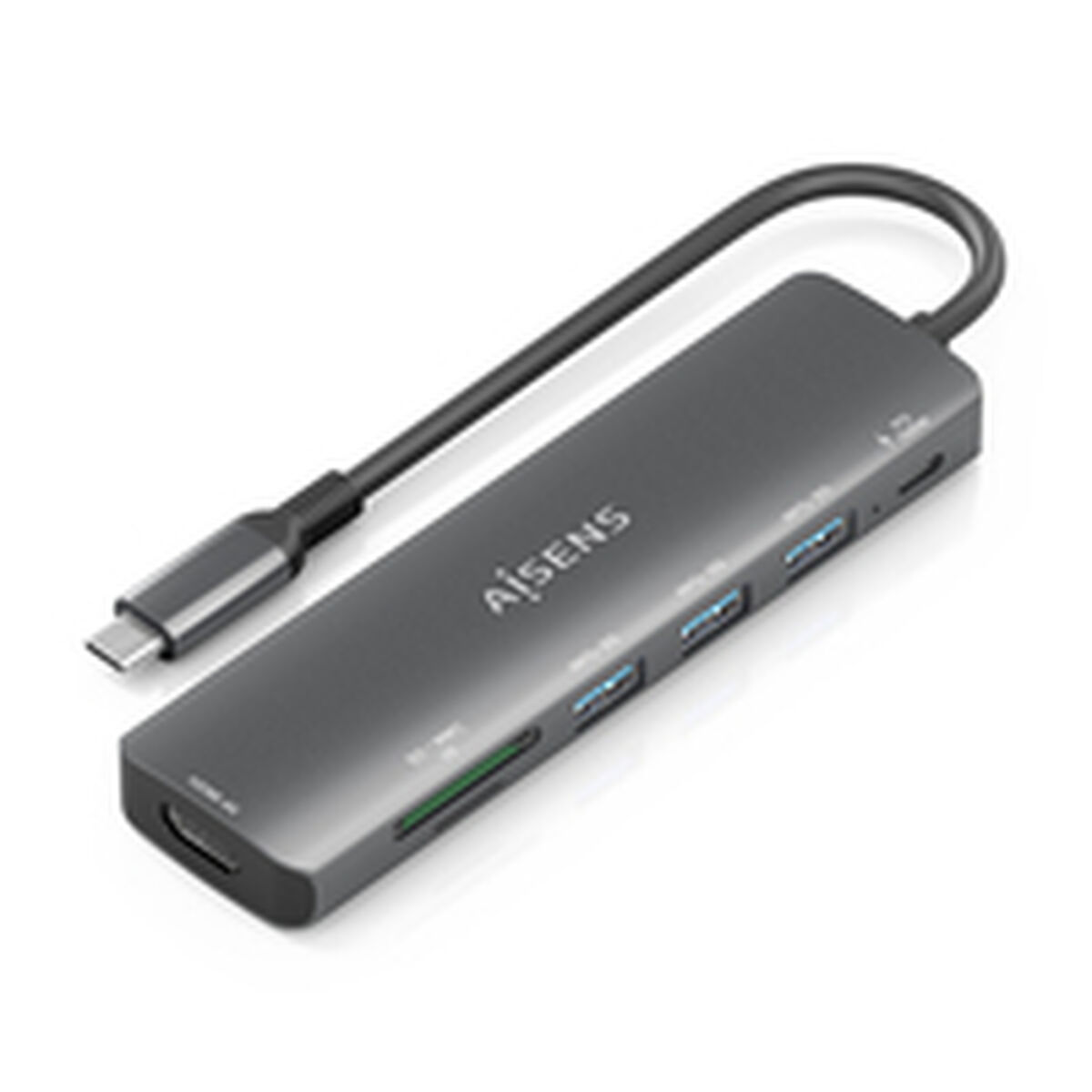 Un hub USB-C grigio con più porte, tra cui USB, HDMI e slot per schede SD, con un cavo nero.