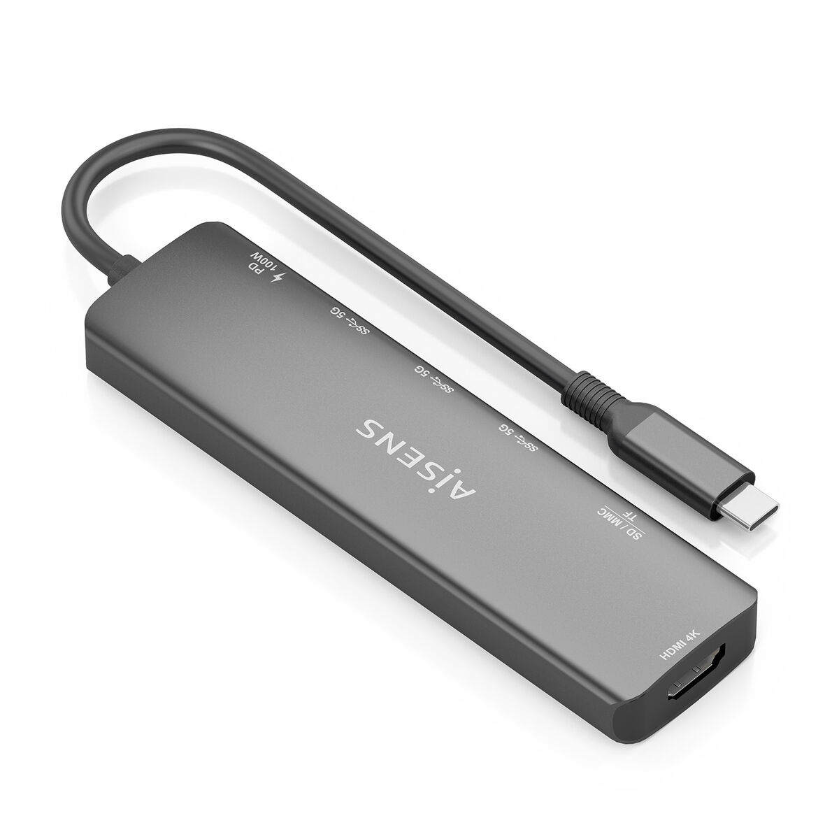 Un hub USB-C grigio con più porte, tra cui USB, HDMI e slot per schede SD, con un cavo nero.