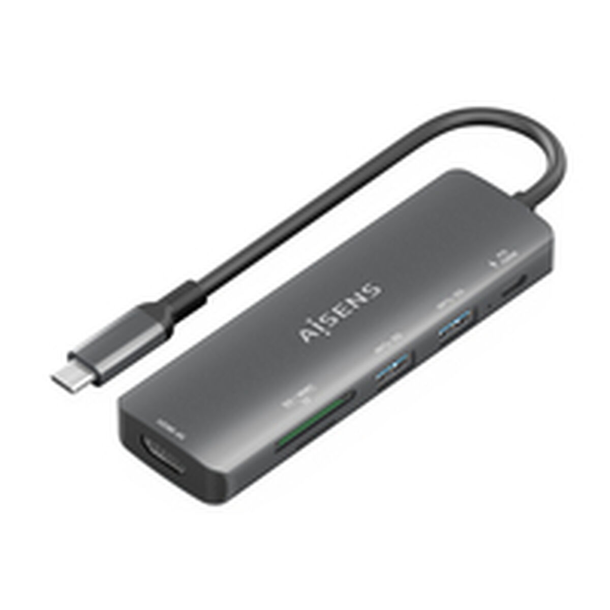 Hub USB-C grigio scuro con più porte. Include HDMI, USB, slot per schede SD e un cavo.