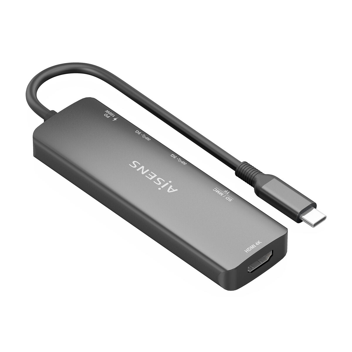 Hub USB-C grigio scuro con più porte. Include HDMI, USB, slot per schede SD e un cavo.