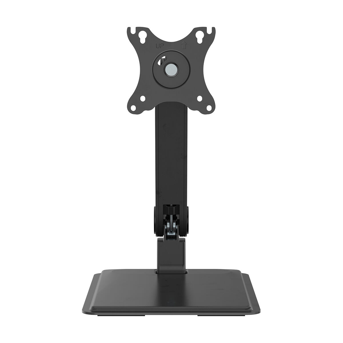 Supporto per monitor nero. Supporta un singolo monitor. Costruzione metallica. Design regolabile. Etichetta 'Up'.