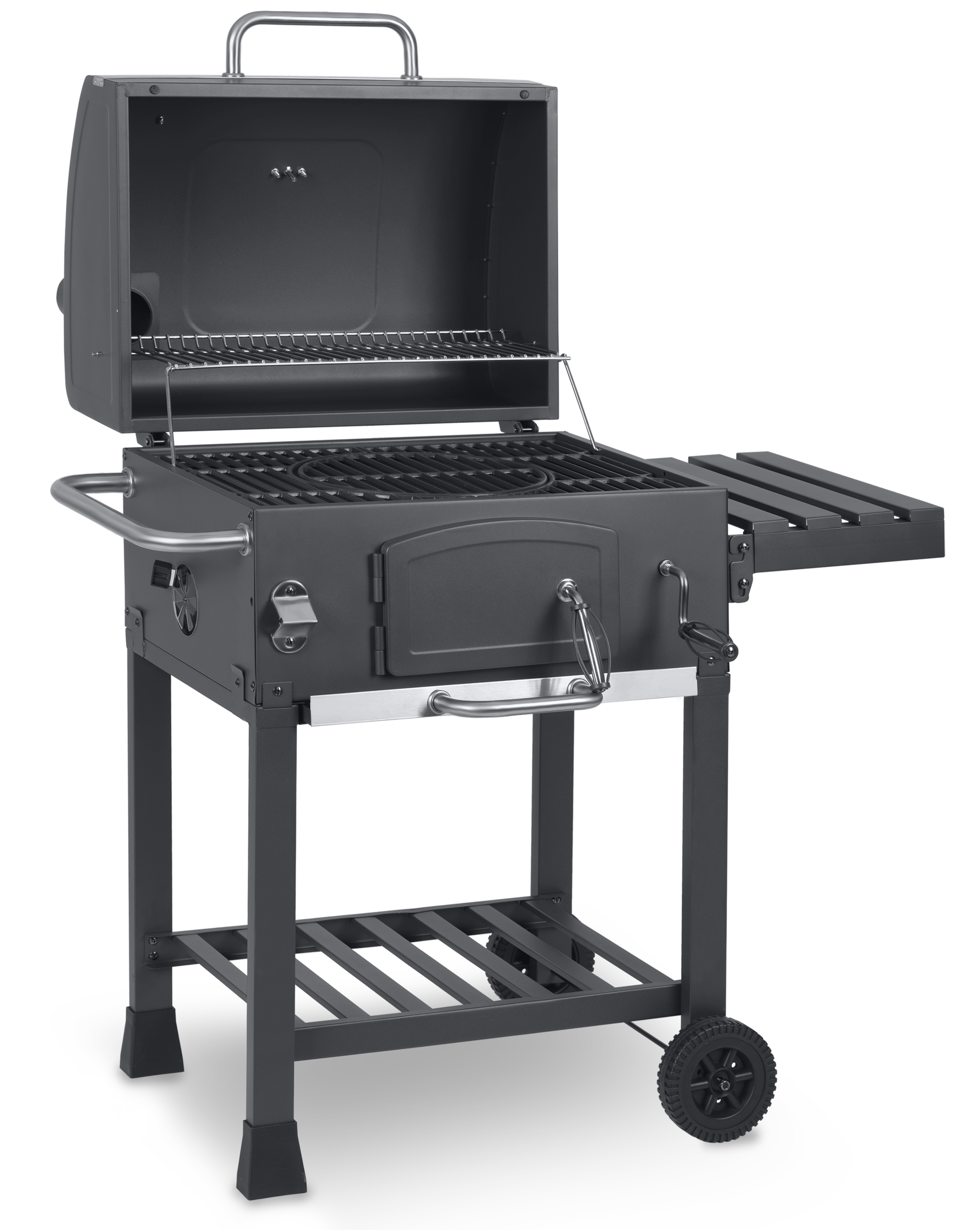 Grill węglowy z otwartą pokrywą, rusztem i półką boczną. Jest szary i ma uchwyt.