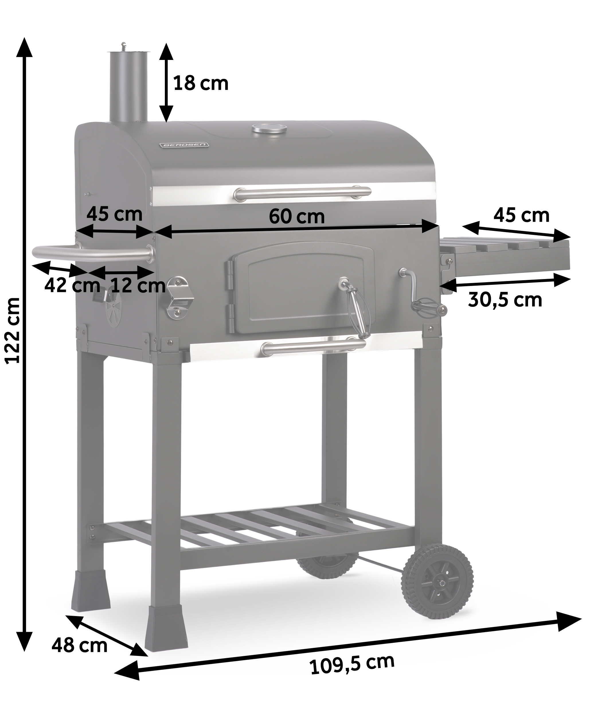 Grill węglowy z oznaczonymi wymiarami, posiada komin i stoliki boczne.