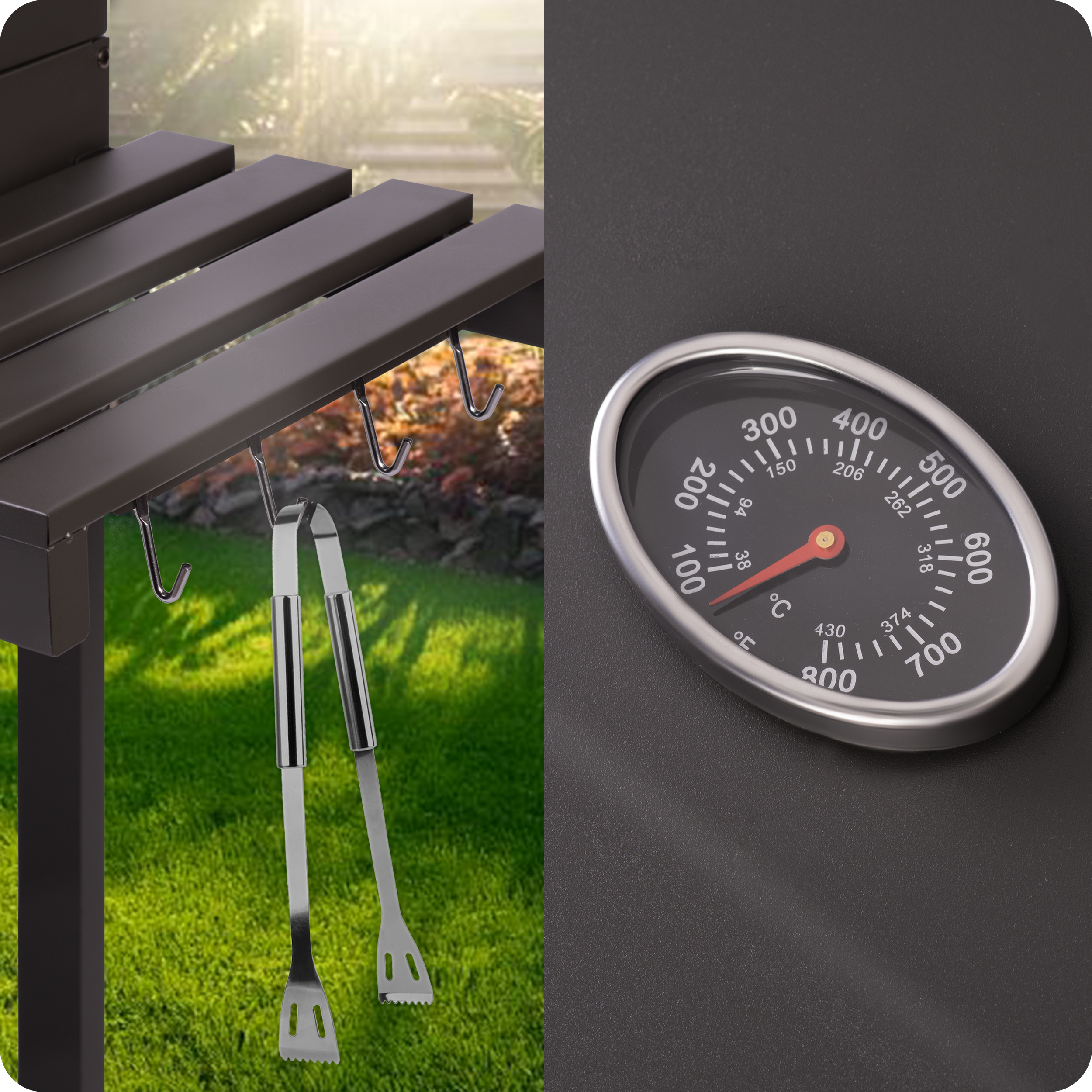 Zbliżenie szczypiec do grilla wiszących na bocznym stoliku grilla, obok termometru.