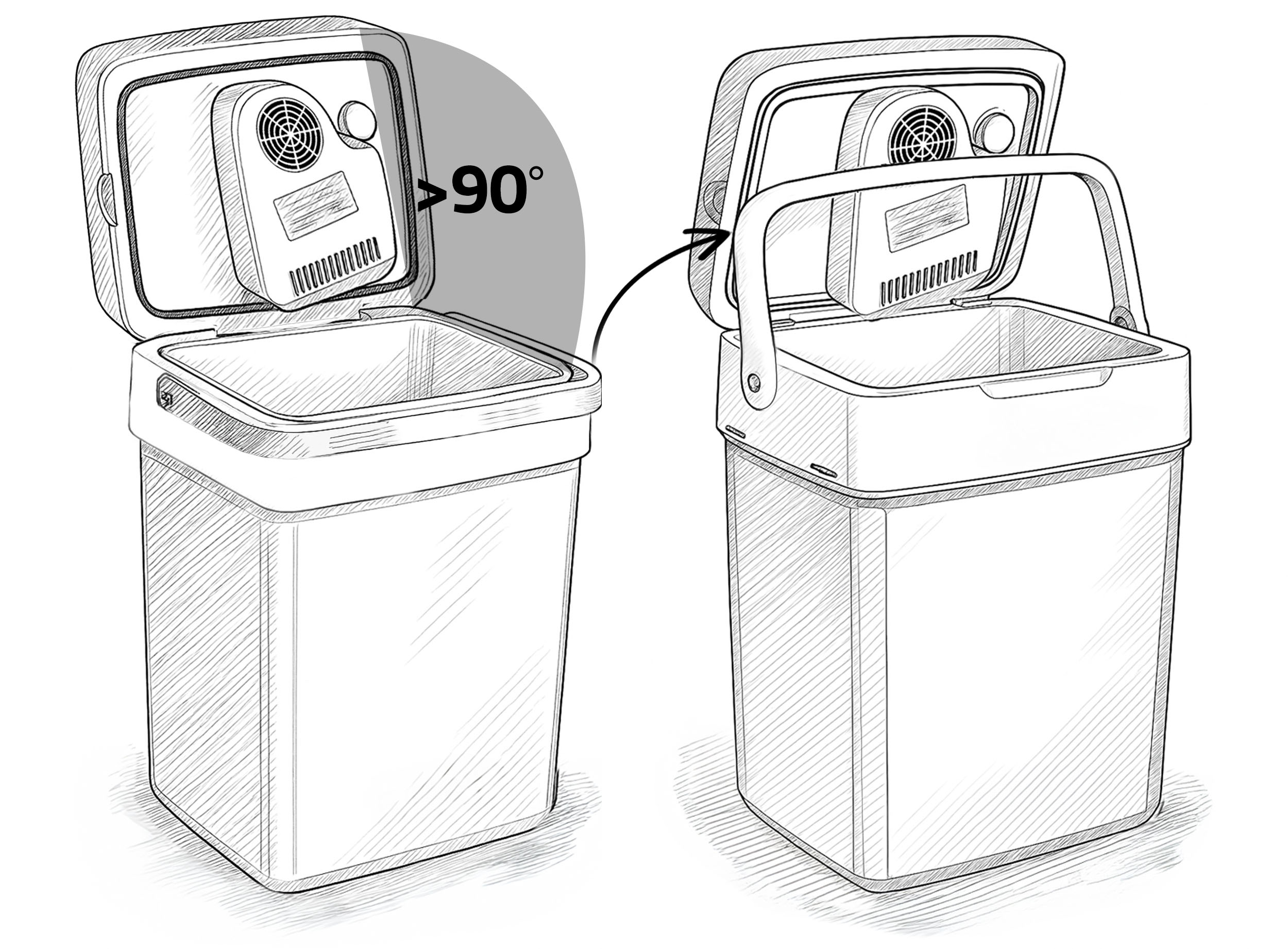 Dwie otwarte chłodziarki, jedna otwarta o ponad 90 stopni, obie w stylu linii.