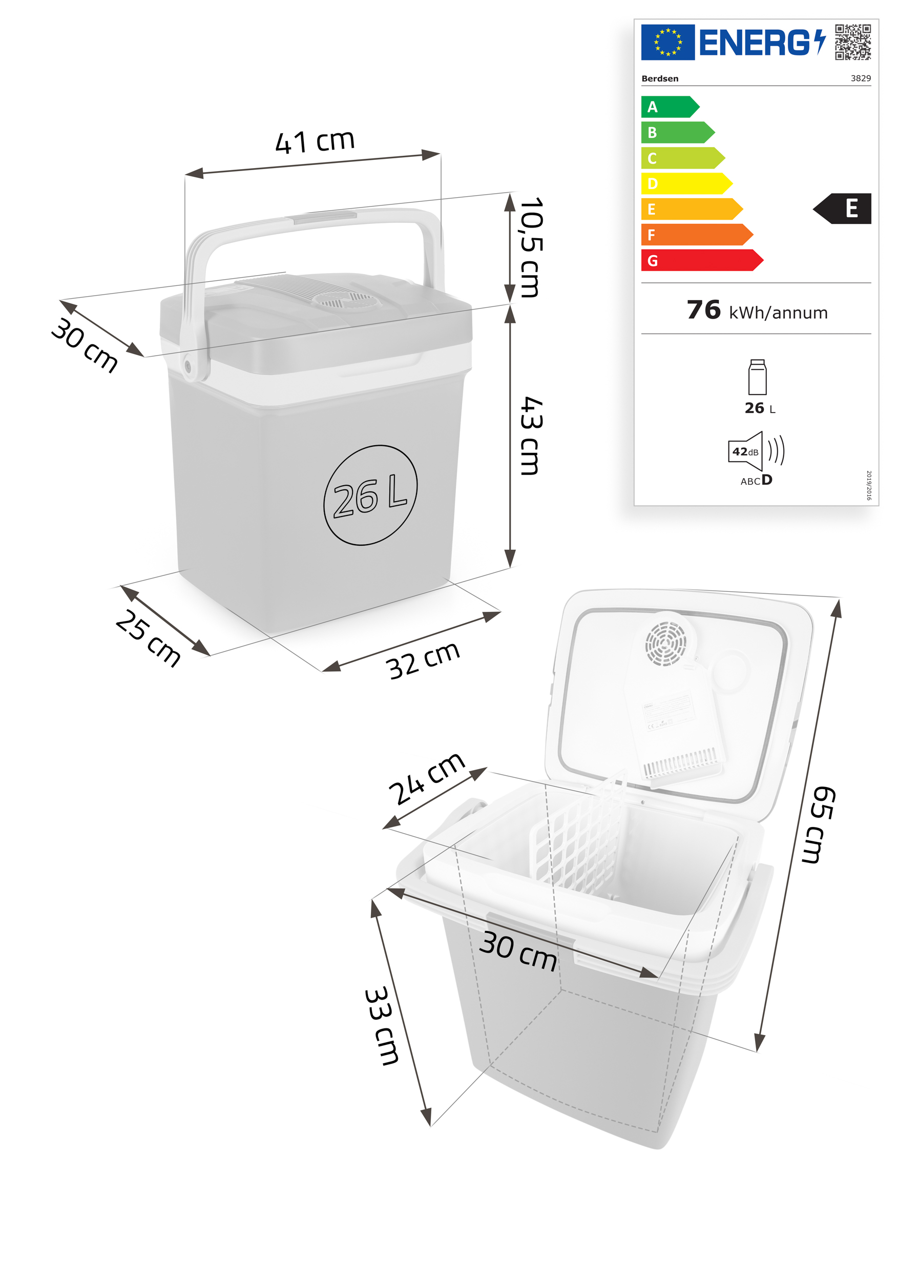 Schemat chłodziarki z wymiarami i informacjami o efektywności energetycznej z boku.