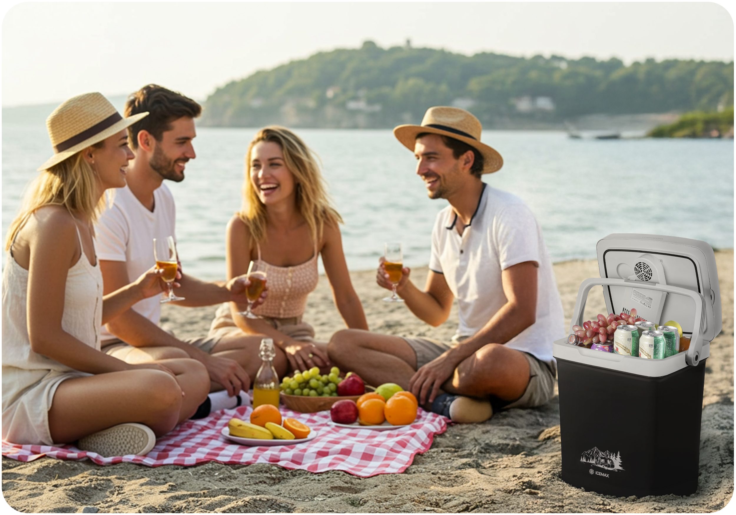 Grupa przyjaciół na plaży, chłodziarka otwarta z napojami, owocami i napojami.