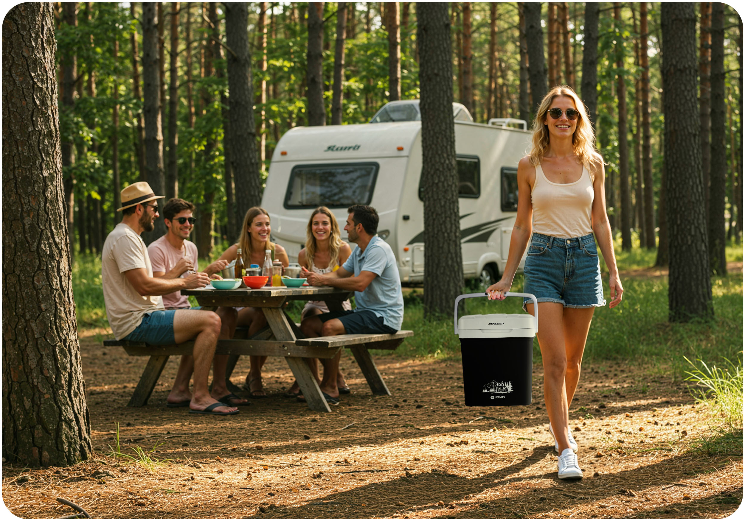 Grupa ludzi siedzących przy stole piknikowym w lesie, kobieta z lodówką idzie w ich kierunku.