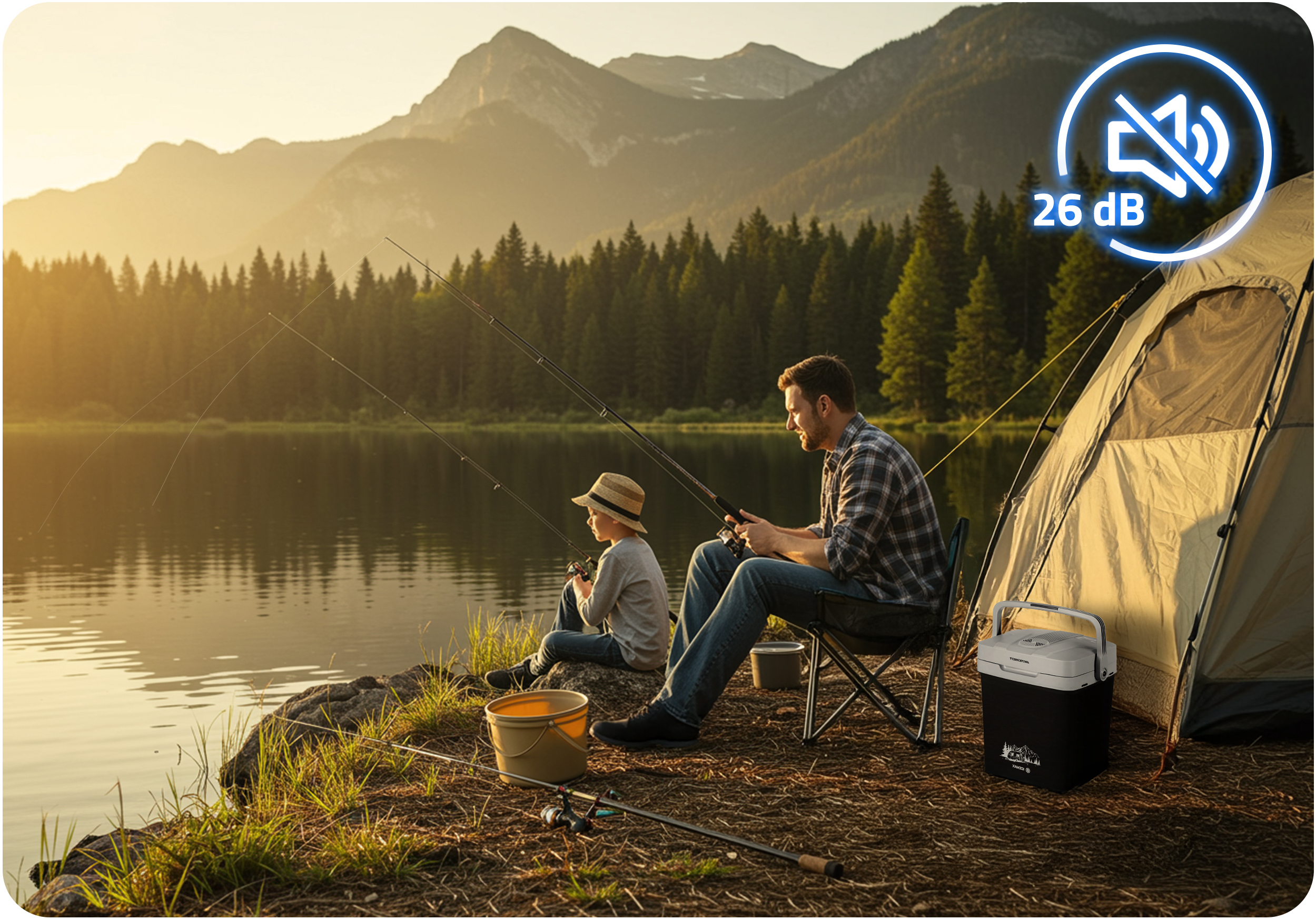 Mężczyzna i chłopiec łowiący nad jeziorem, namiot, góry w tle i ikona dźwięku.