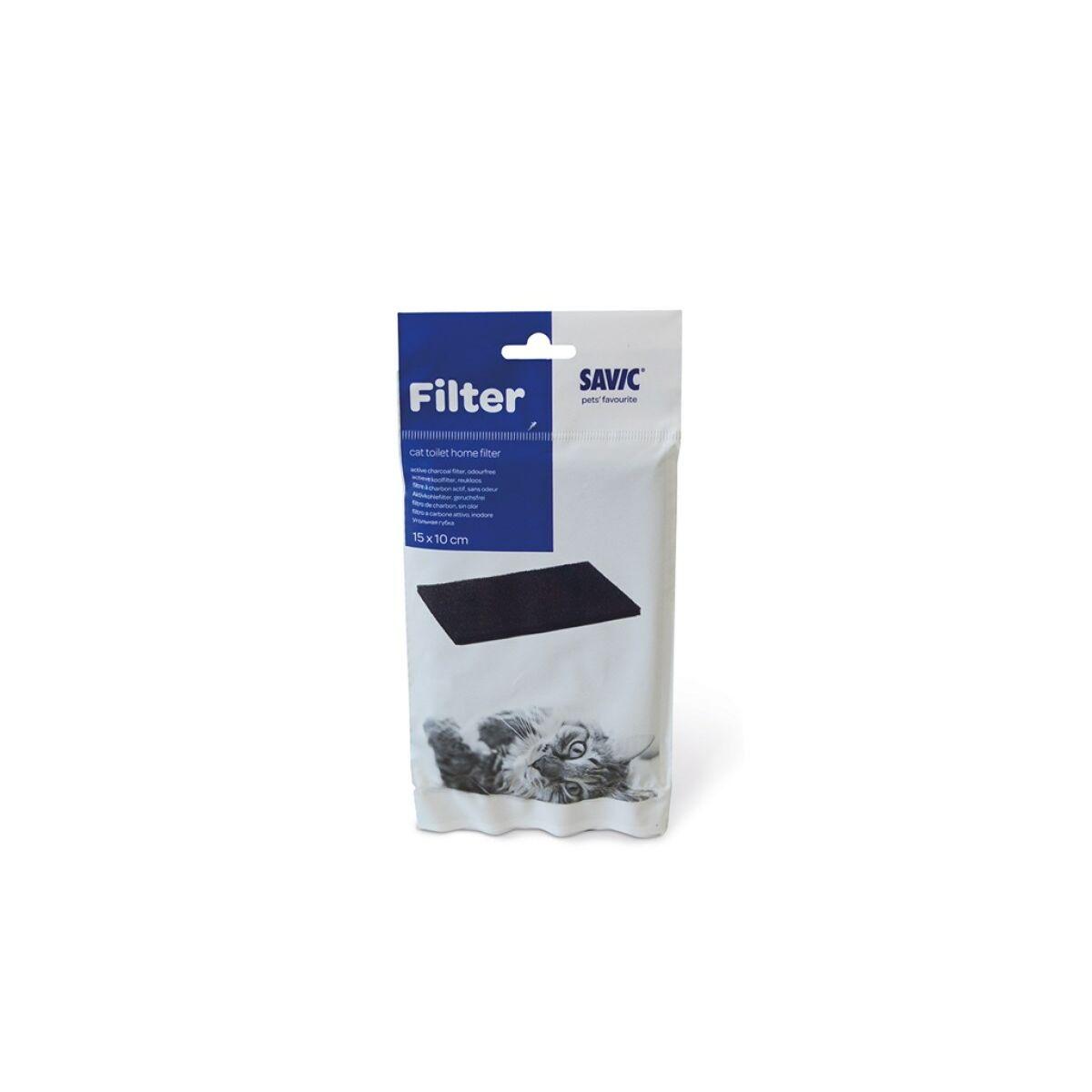 Eine Filterverpackung für Haustiertoiletten mit einem schwarzen Filter darin.